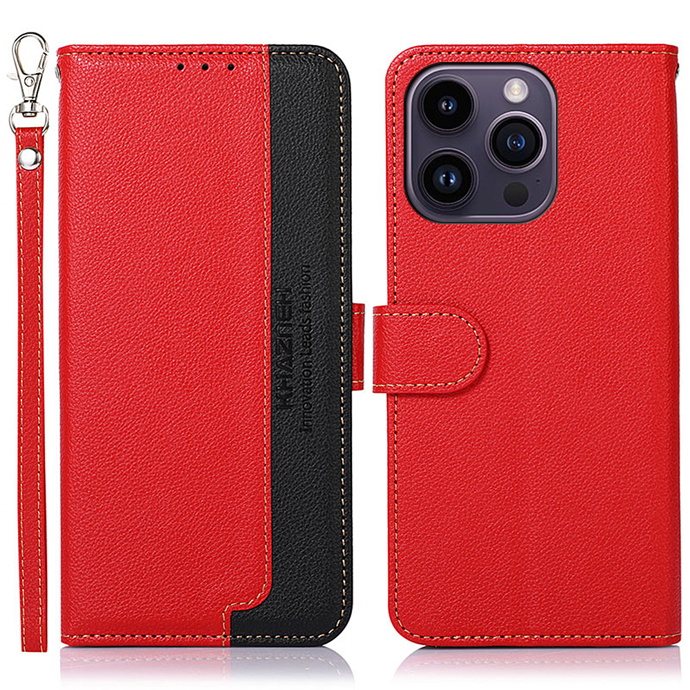 

Khazneh Für Iphone 15 Pro Anti-Scratch RFID Blockierende Lederhülle Ständer Brieftasche Litchi Textur Telefonabdeckung - Rot, iPhone 15 Pro
