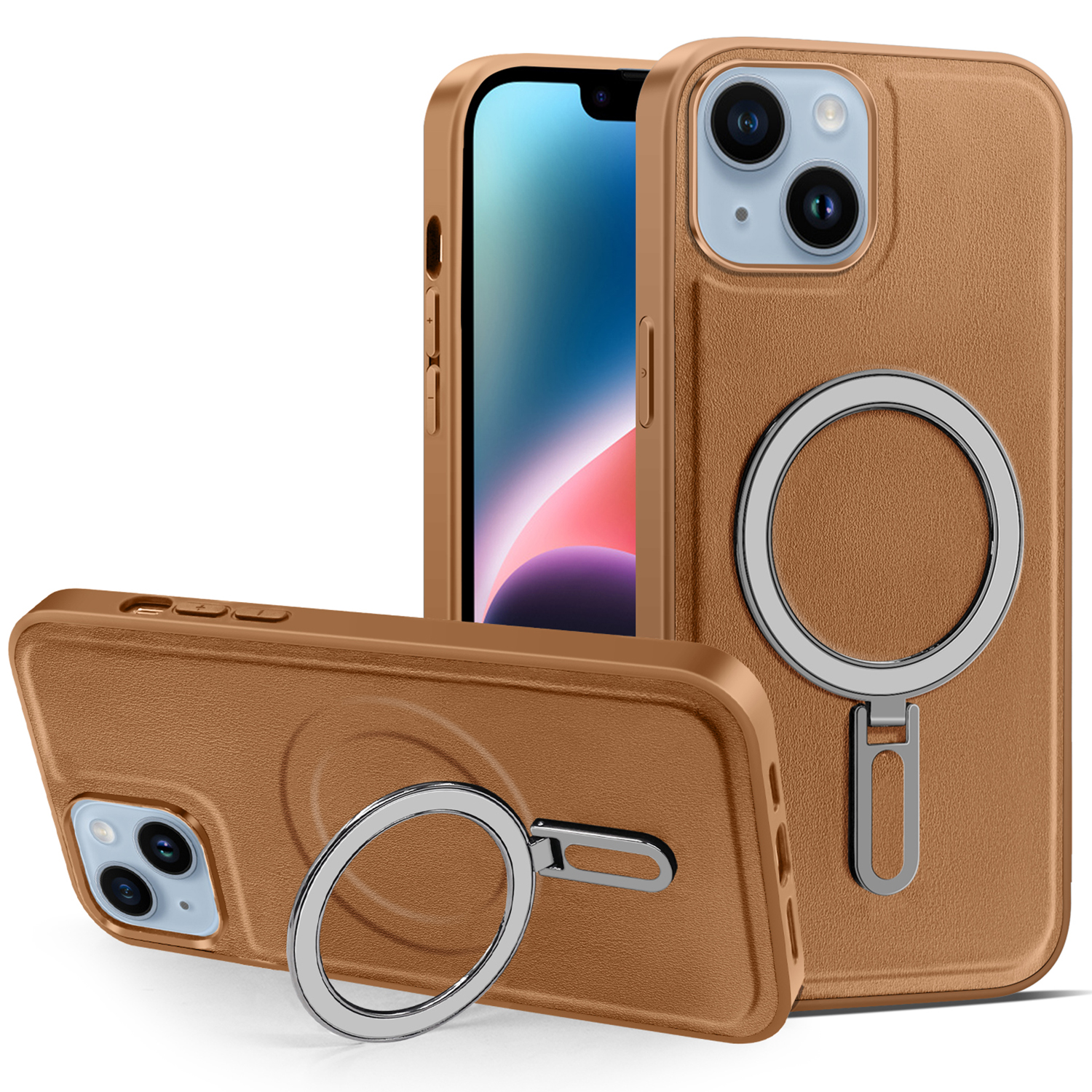 

Für Das Iphone 14 Kickstand Anti-kratzer-telefonhülle Abdeckung Pu-leder-pc+tpu-magnetabdeckung - Braun, iPhone 14