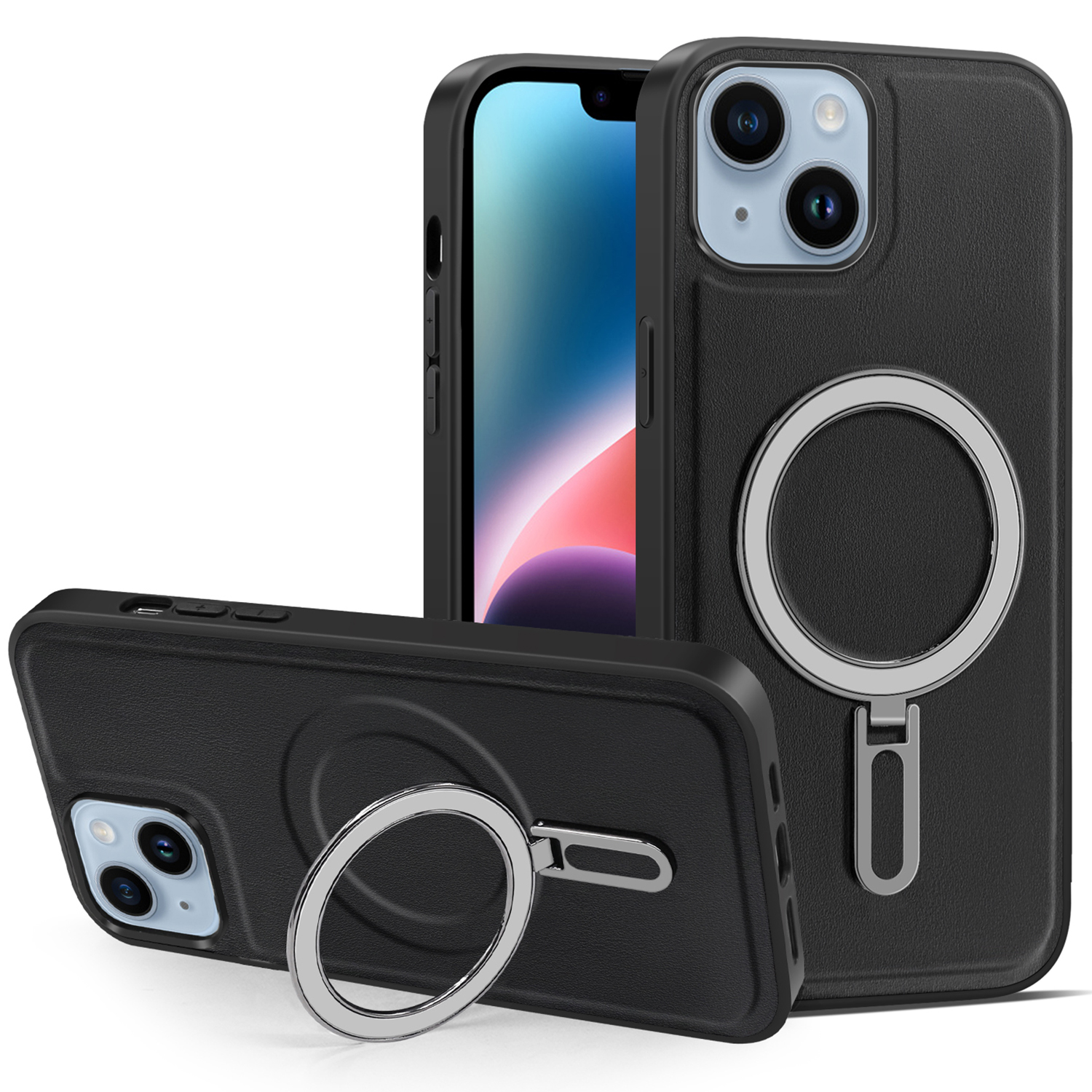 

Für Das Iphone 14 Kickstand Anti-kratzer-telefonhülle Abdeckung Pu-leder-pc+tpu-magnetabdeckung - Schwarz, iPhone 14