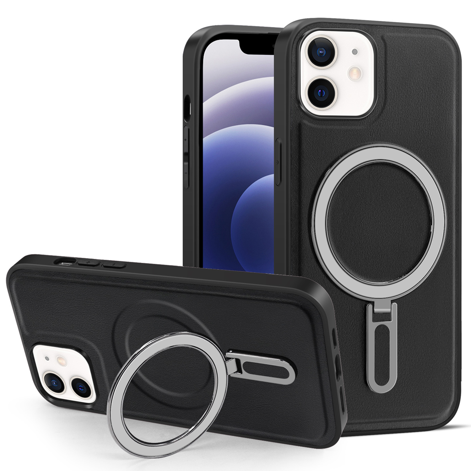 

Für Iphone 12 / 12 Pro 6,1 Zoll Telefon Hülle Kickstand Design PU Lederbeschichteter PC+TPU Magnetische Abdeckung - Schwarz, iPhone 12