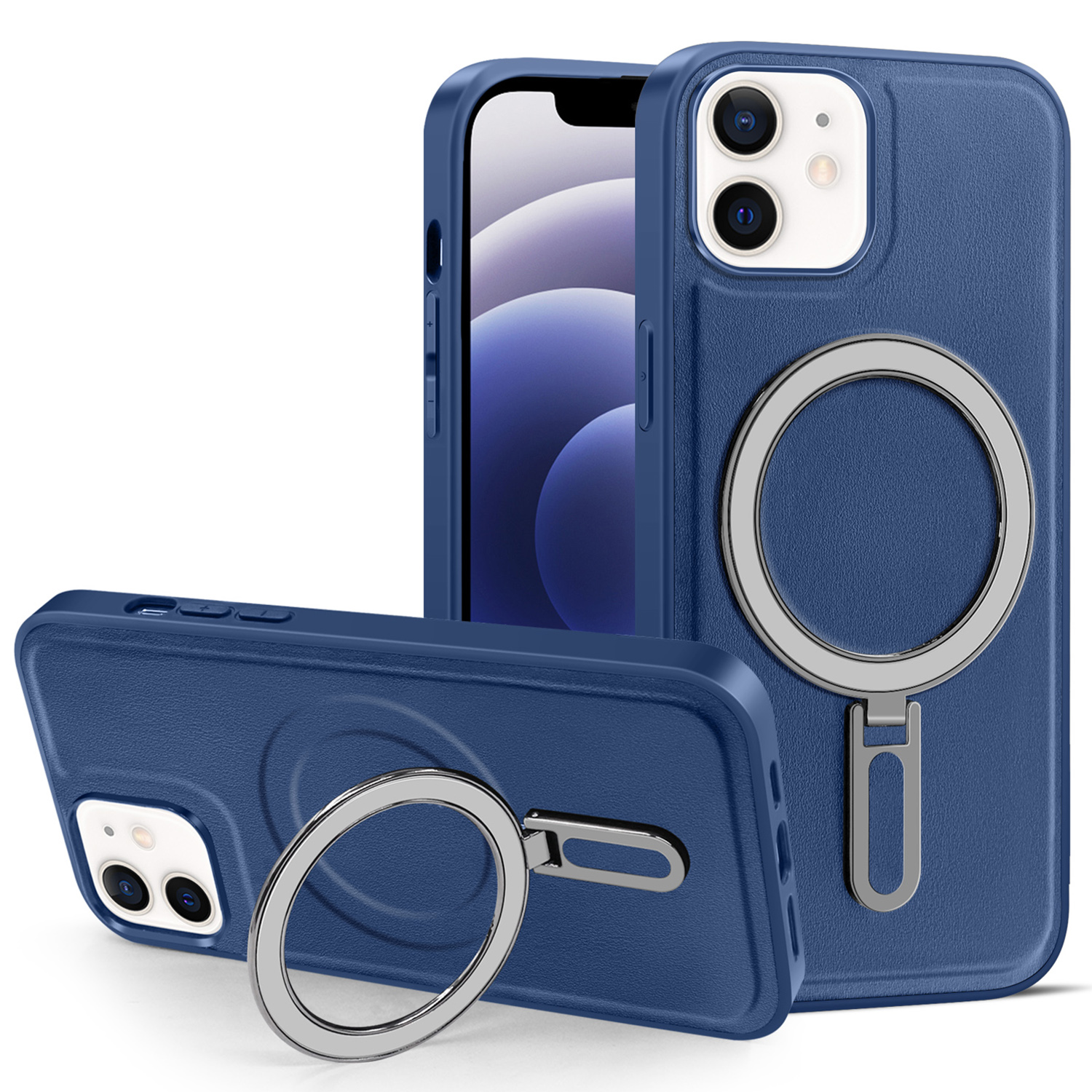 

Für Iphone 12 / 12 Pro 6,1 Zoll Telefon Hülle Kickstand Design PU Lederbeschichteter PC+TPU Magnetische Abdeckung - Blau, iPhone 12