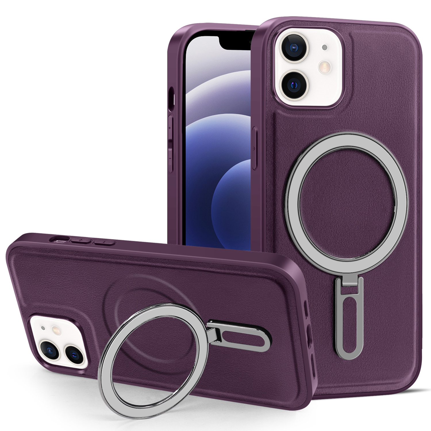 

Für Iphone 12 / 12 Pro 6,1 Zoll Telefon Hülle Kickstand Design PU Lederbeschichteter PC+TPU Magnetische Abdeckung - Lila, iPhone 12