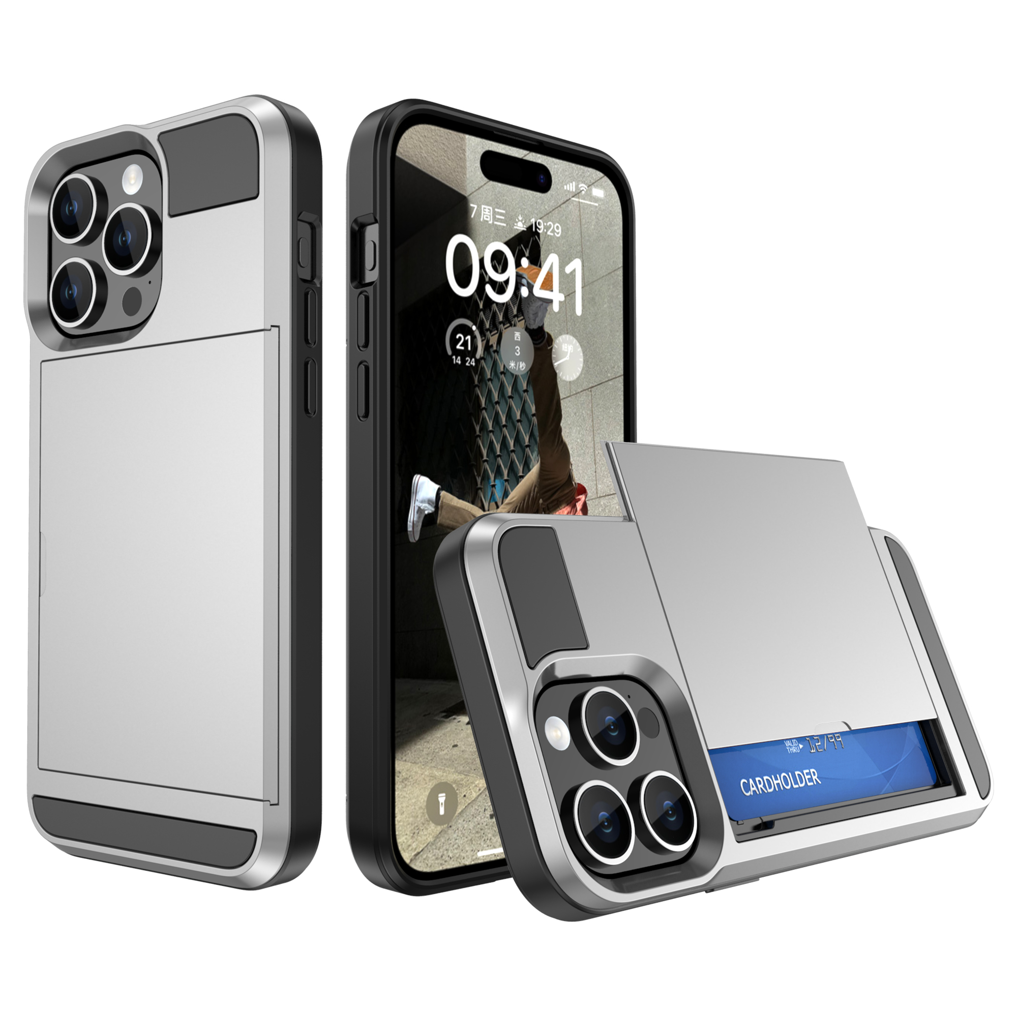 

PC + Tpu-telefonabdeckung Für Iphone 15, Sliding Card Holder Anti-scratch Back Case - Silber, iPhone 15