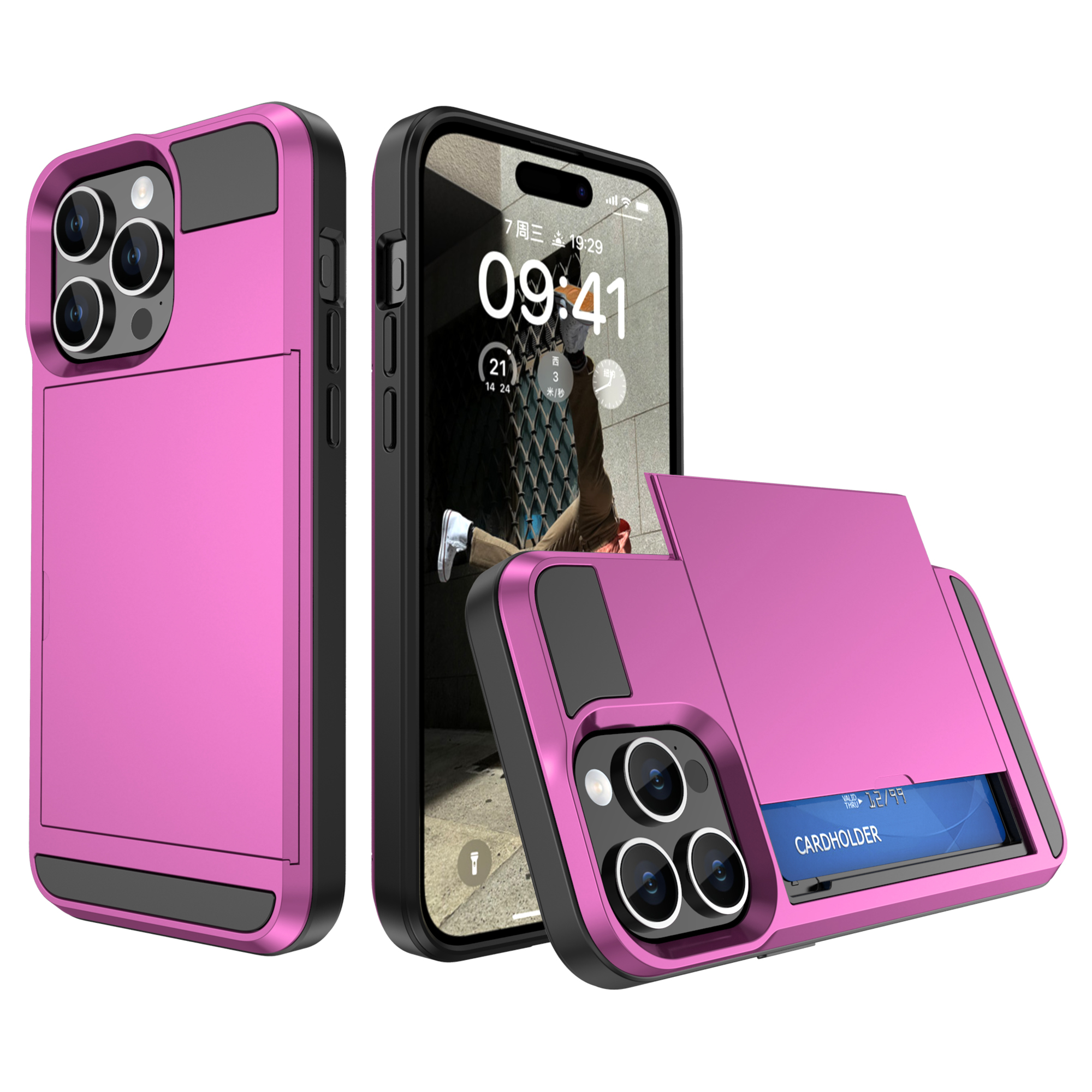 

PC + Tpu-telefonabdeckung Für Iphone 15, Sliding Card Holder Anti-scratch Back Case - Rosa, iPhone 15