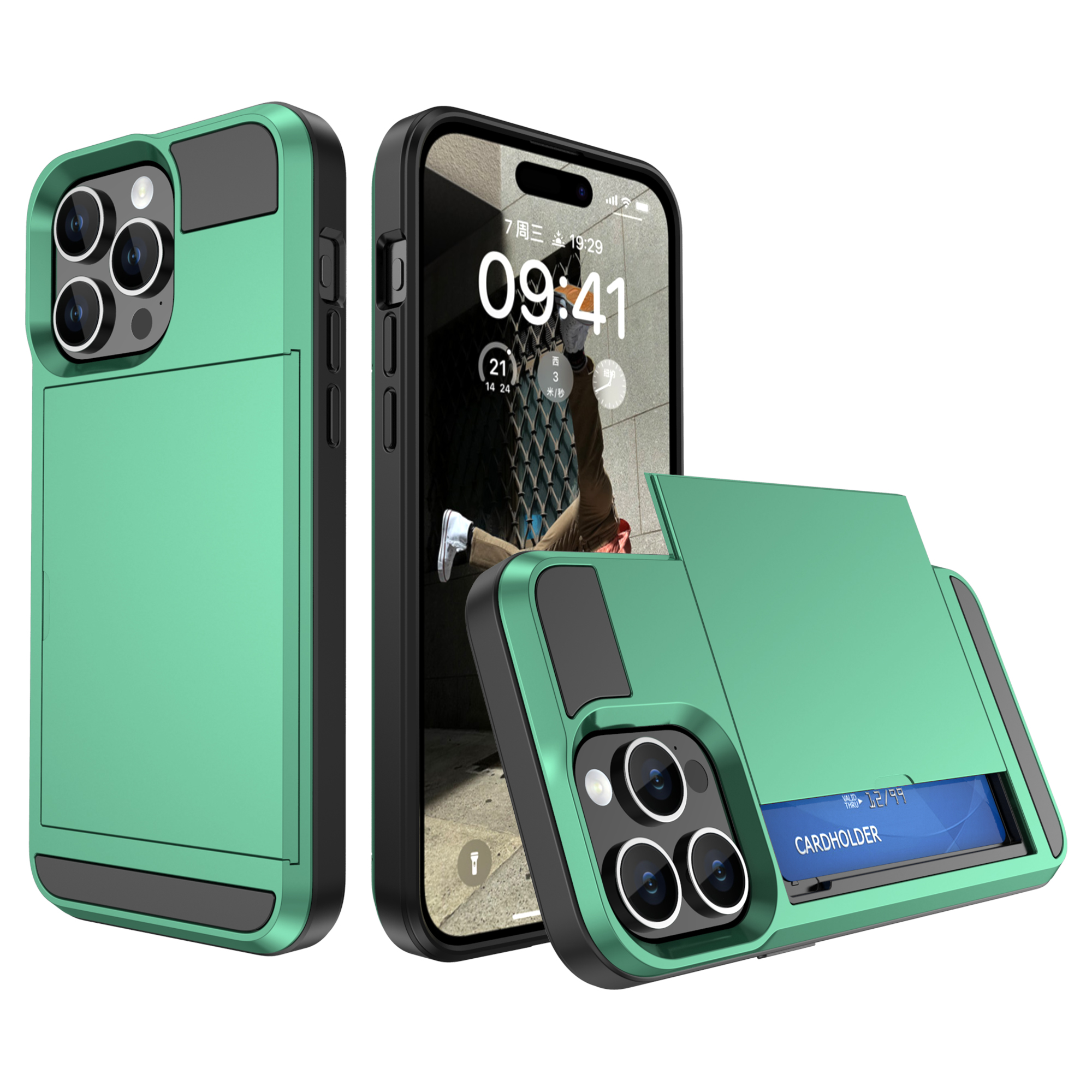 

PC + Tpu-telefonabdeckung Für Iphone 15, Sliding Card Holder Anti-scratch Back Case - Minzgrün, iPhone 15