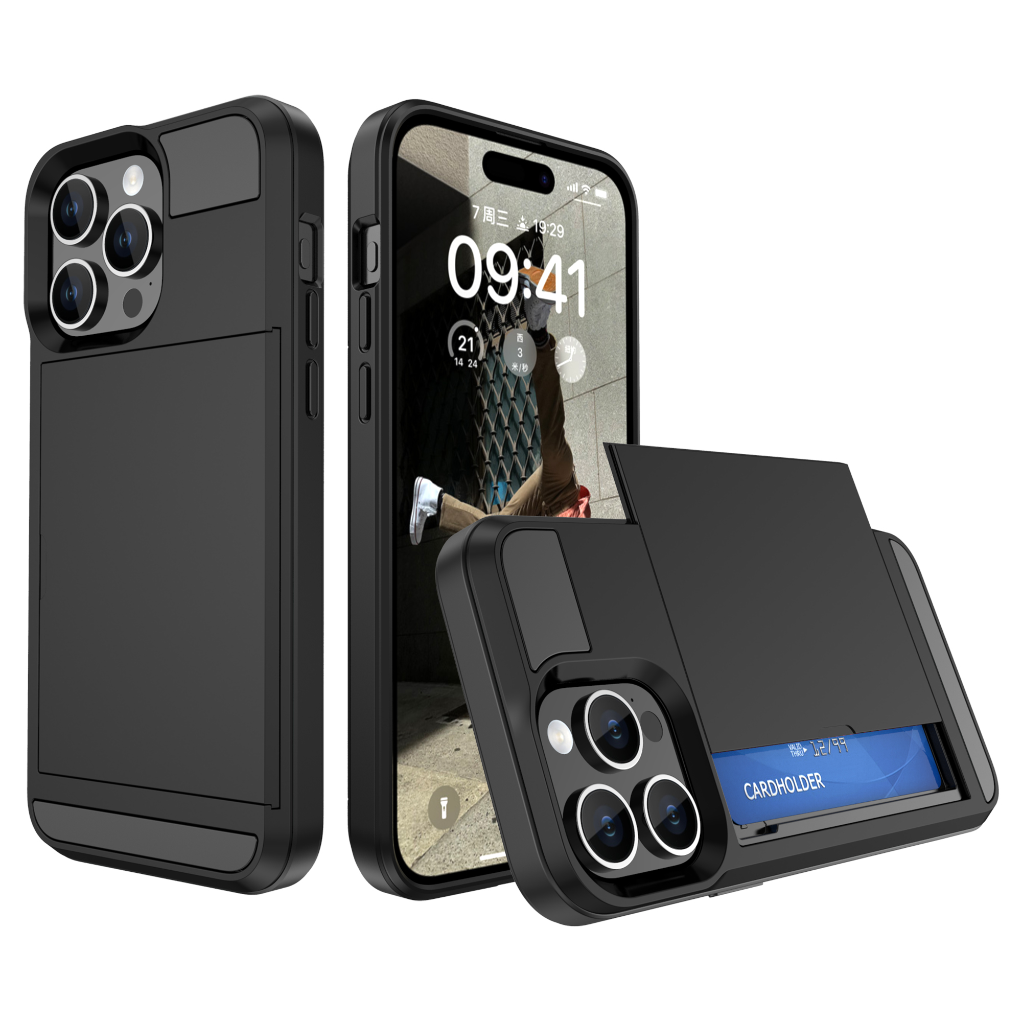 

Für Das Iphone 15 Pro Max Pc+tpu-telefonabdeckung Schiebkartenhalter Anti-drop-rückkoffer - Schwarz, iPhone 15 Pro Max