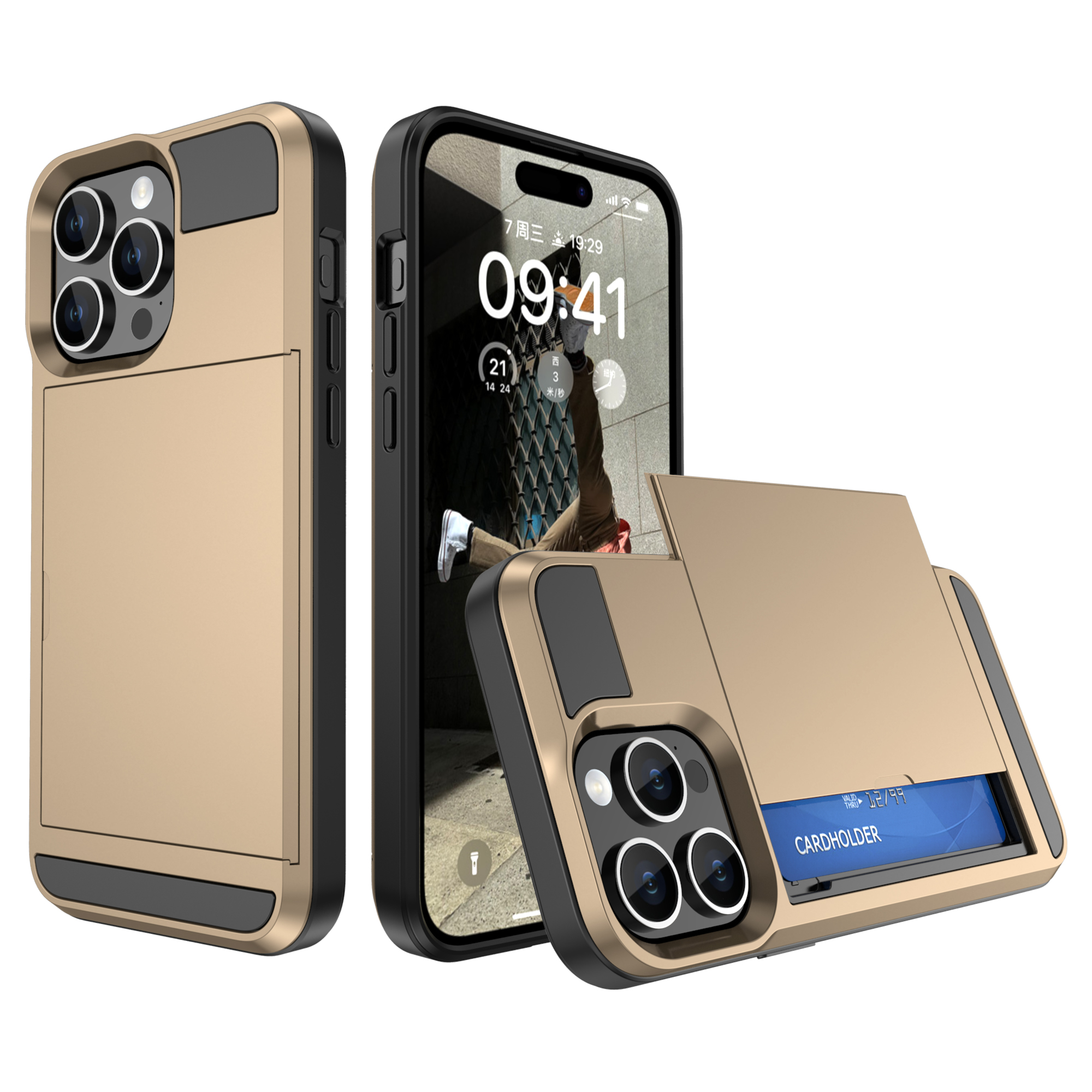 

Für Das Iphone 15 Pro Max Pc+tpu-telefonabdeckung Schiebkartenhalter Anti-drop-rückkoffer - Gold, iPhone 15 Pro Max