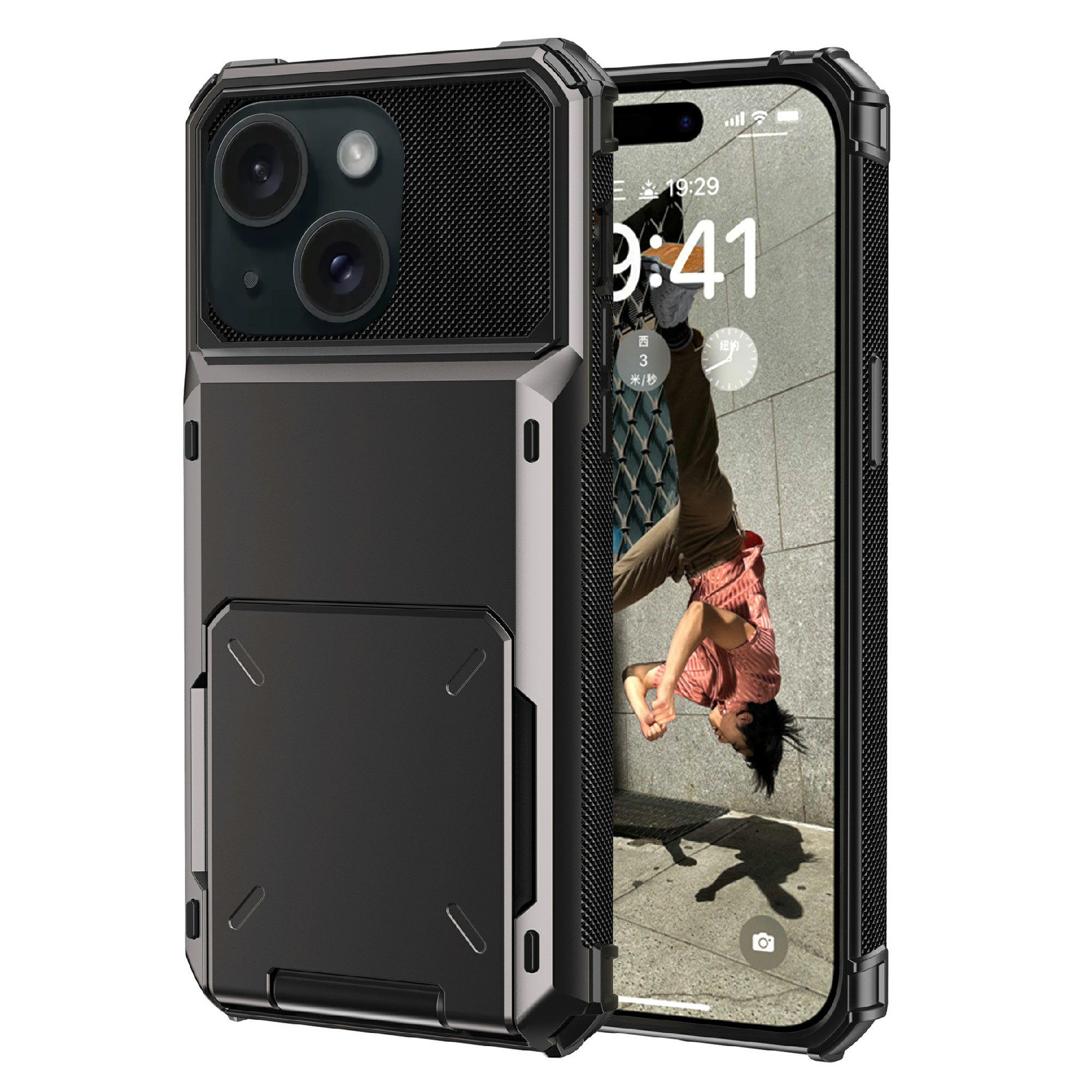 

Für Iphone 15 Plus Flip Card Holder Phone Hülle TPU+PC Schockdichte Rückseite Zurück - Grau, iPhone 15 Plus