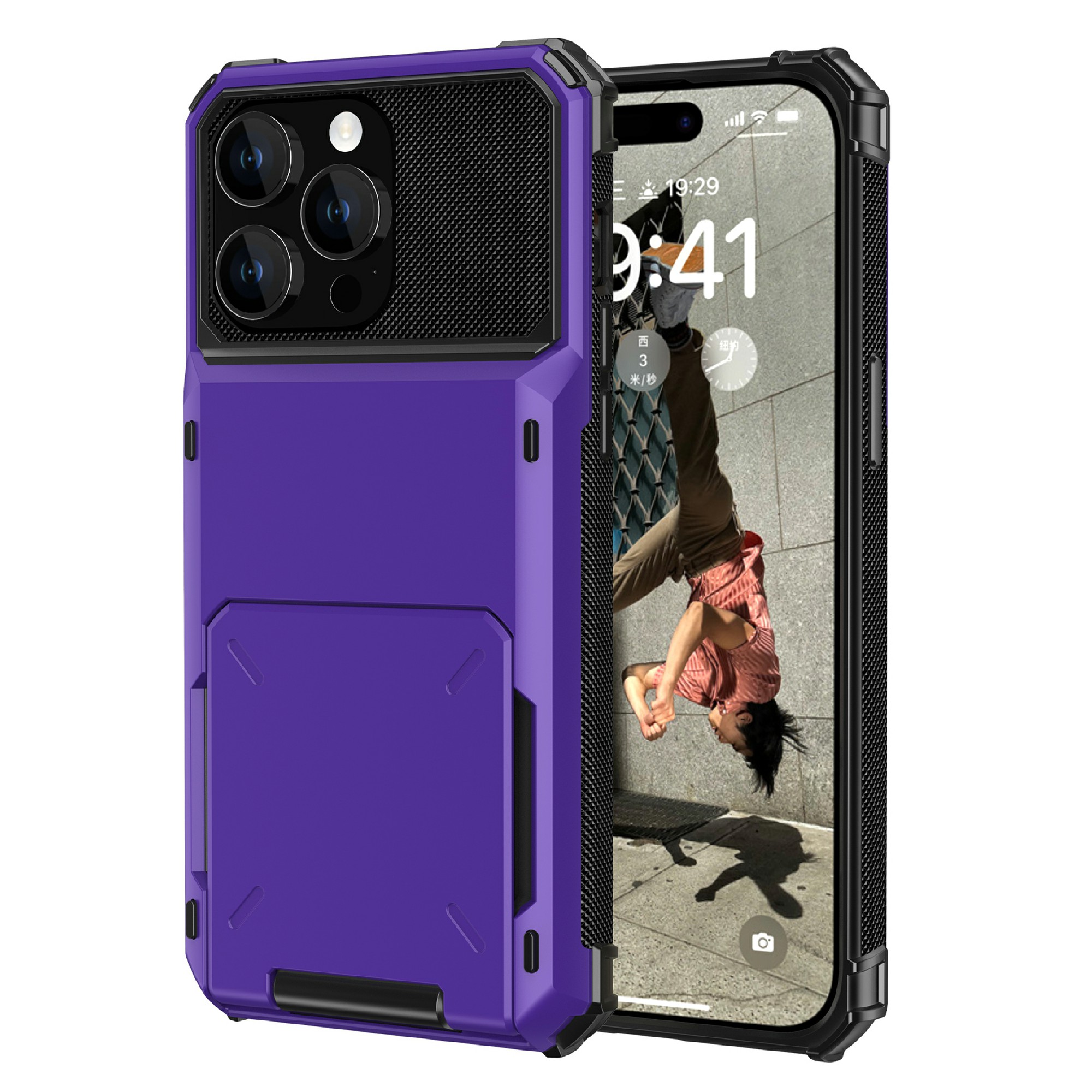 

Für Das Iphone 15 Pro Max Anti-drop-rückdeckabdeckung Tpu+pc-telefonhülle Mit Flip-kartenhalter - Lila, iPhone 15 Pro Max