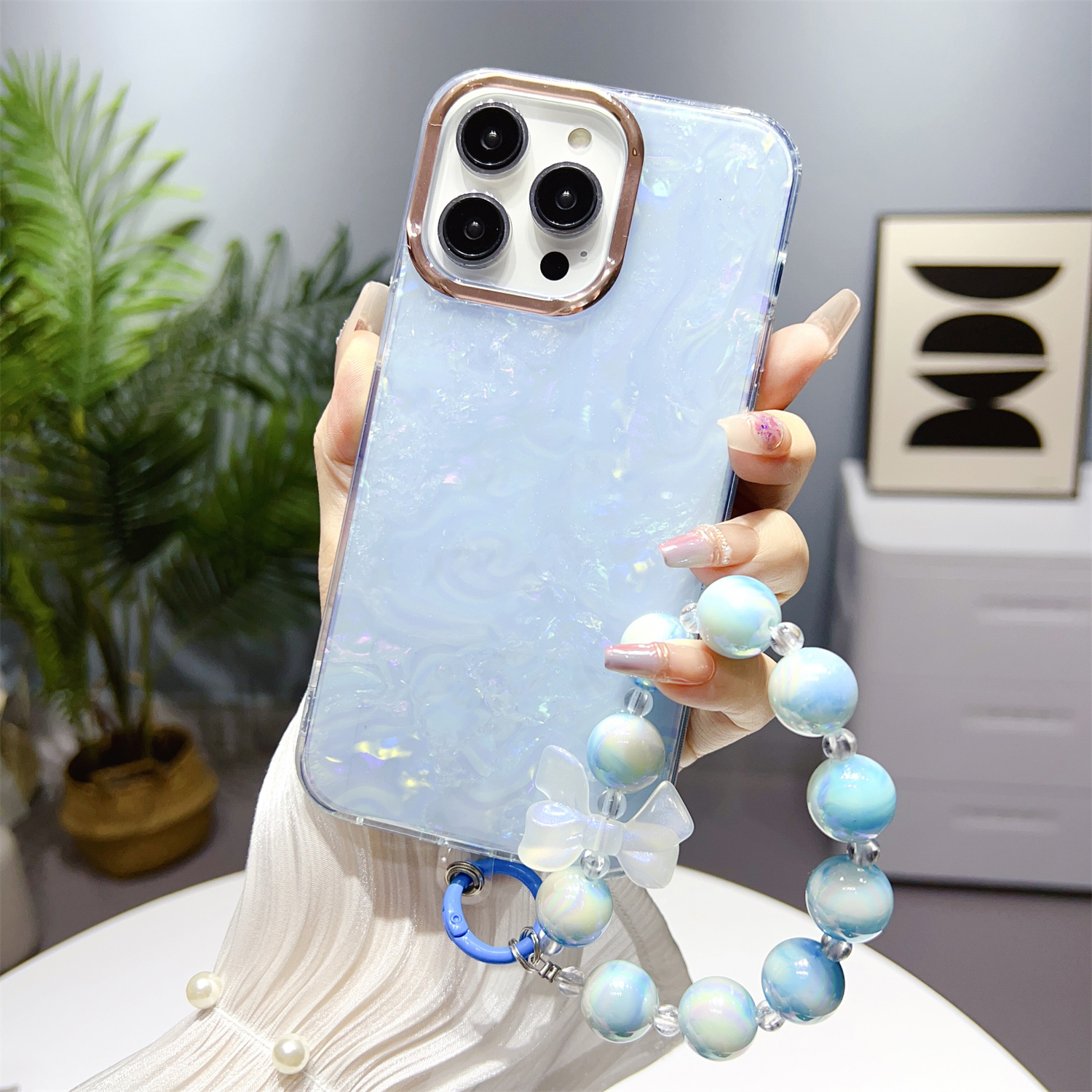

Für Iphone 13 Pro 6.1 Zoll TPU+PC -abdeckung IMD -shell -muster -telefonhülle Mit Perlenhandkette - Baby Blau, iPhone 13 Pro