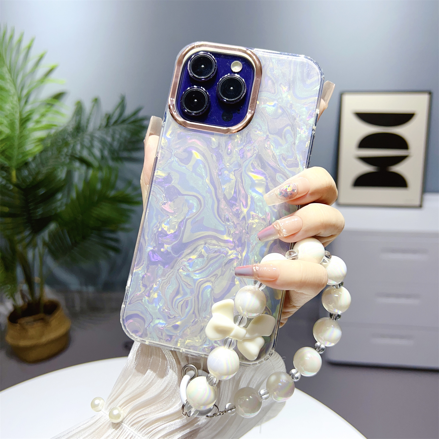 

Für Iphone 13 Pro 6.1 Zoll TPU+PC -abdeckung IMD -shell -muster -telefonhülle Mit Perlenhandkette - Weiss, iPhone 13 Pro