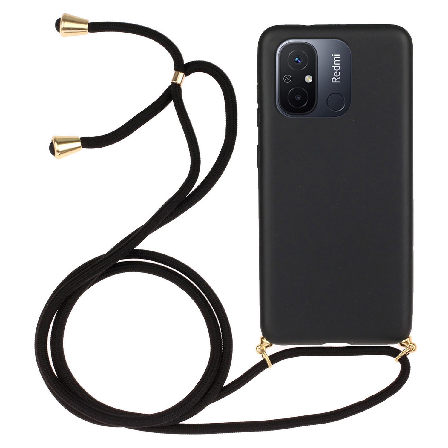 

Für Xiaomi Redmi 12c 4g / Poco C55 4G Weizenstroh+tpu -hülle Biologisch Abbaubare Telefonabdeckung Mit Lanyard - Schwarz, Xiaomi Redmi 12C 4G