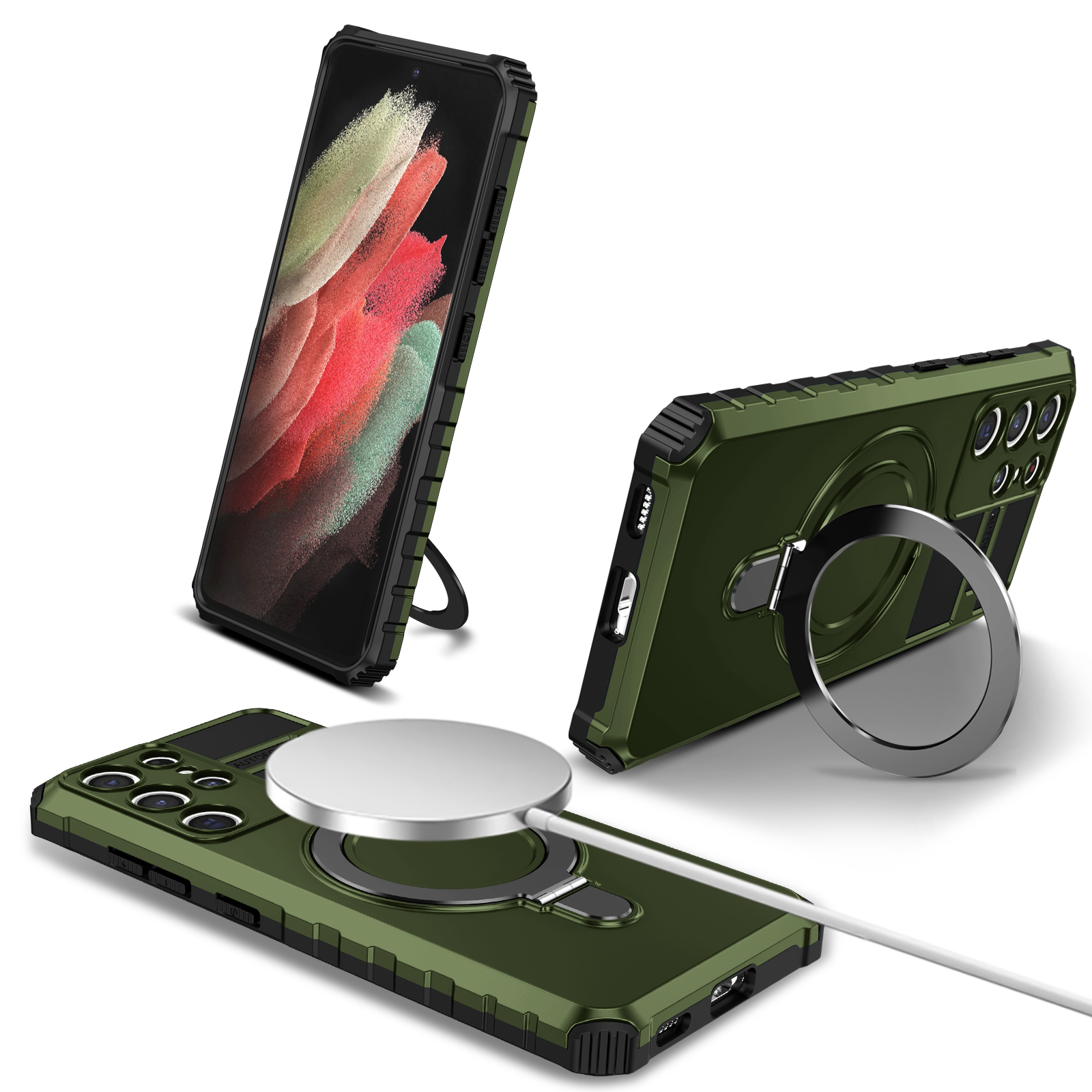 

Für Samsung Galaxy S21 Ultra 5G Magnetic Kickstand Case PC+TPU Kratzerfestes Telefonabdeckung - Grün, Galaxy S21 Ultra 5G