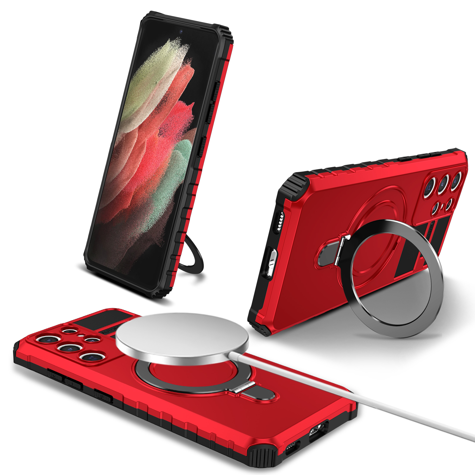 

Für Samsung Galaxy S21 Ultra 5G Magnetic Kickstand Case PC+TPU Kratzerfestes Telefonabdeckung - Rot, Galaxy S21 Ultra 5G