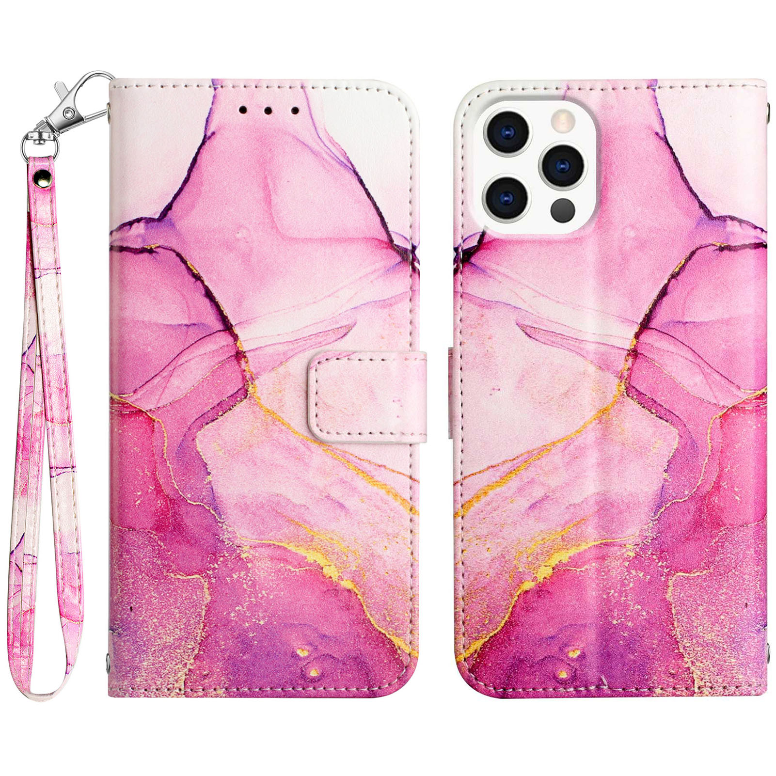 

Für Das Iphone 15 Pro Yb-muster-druck Leder Leder Serie-5 Mobiltelefonhülle Leder-ständer Brieftaschenabdeckung - Pink+lila+gold LS001, iPhone 15 Pro