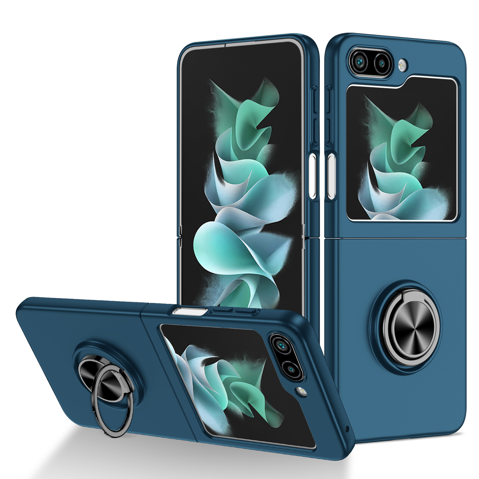 

Für Samsung Galaxy Z Flip5 5G Hard PC Phone Hülle Ring Kickstand Deckhilfe Magnetischer Autokonto - Dunkelblau, Galaxy Z Flip5 5G