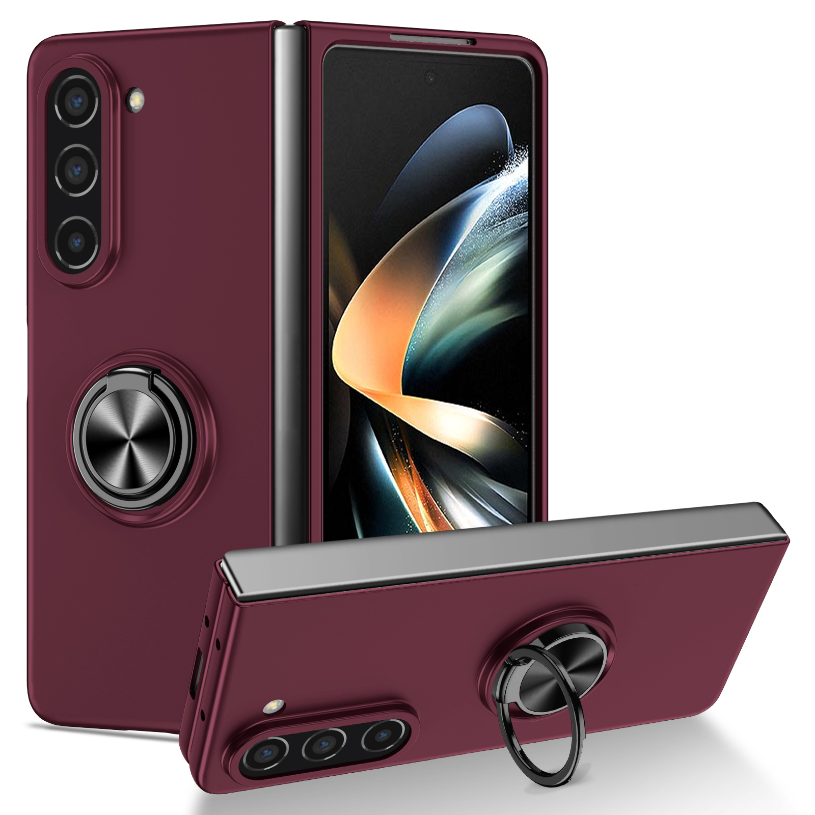 

Für Samsung Galaxy Z Fold5 5G Ring Kickstand Phone Case Support Car Mount Hard PC -schutzabdeckung - Weinrot, Galaxy Z Fold5 5G