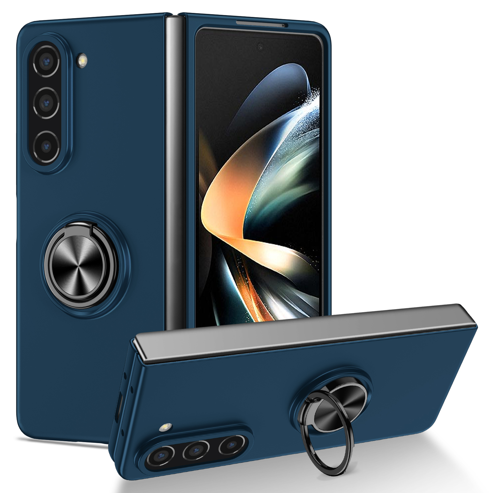 

Für Samsung Galaxy Z Fold5 5G Ring Kickstand Phone Case Support Car Mount Hard PC -schutzabdeckung - Dunkelblau, Galaxy Z Fold5 5G