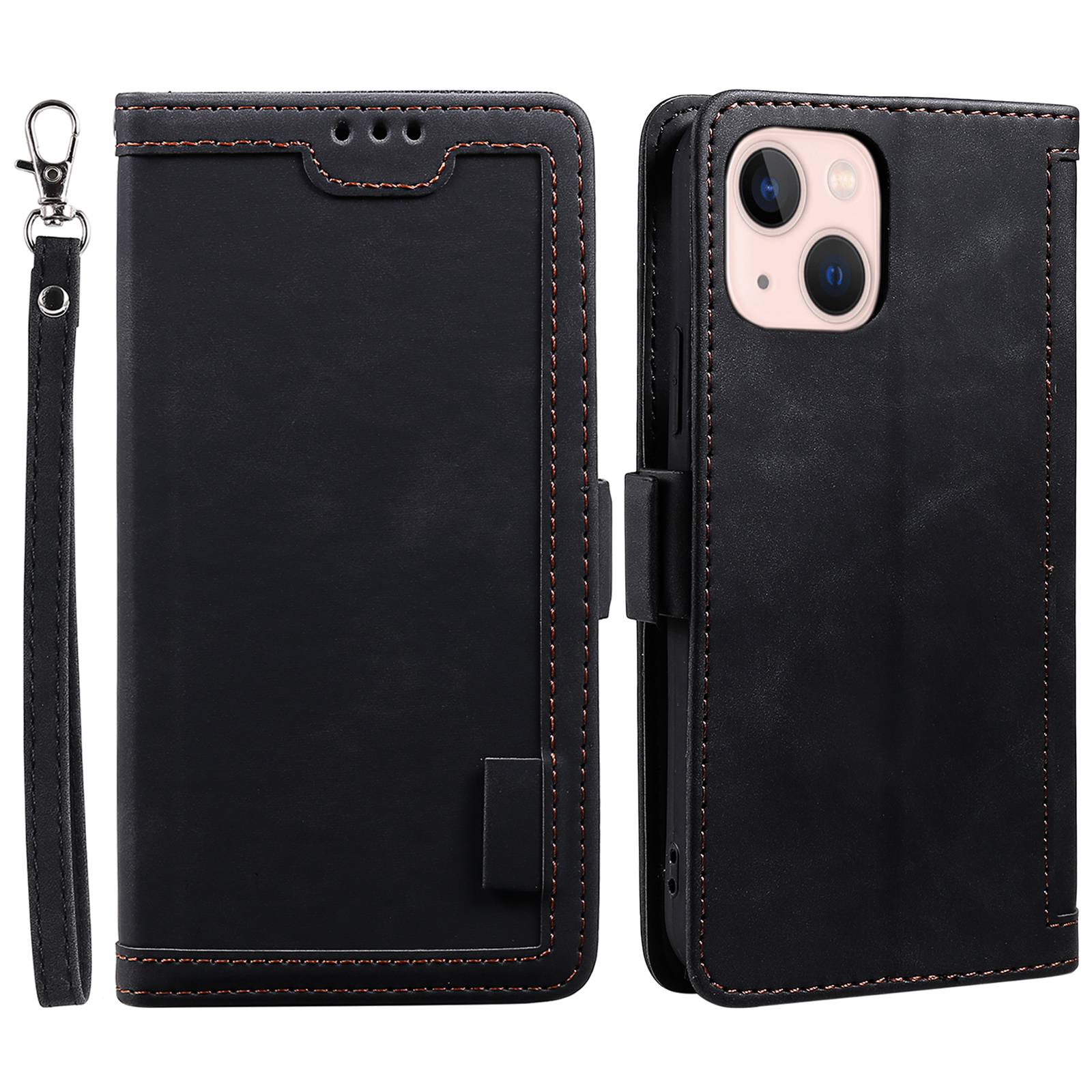 

Für Das Iphone 15 Plus PU Leder Brieftaschenhülle Farbspleißen Retro Flip Ständer Mit Handgelenkriemen - Schwarz, iPhone 15 Plus