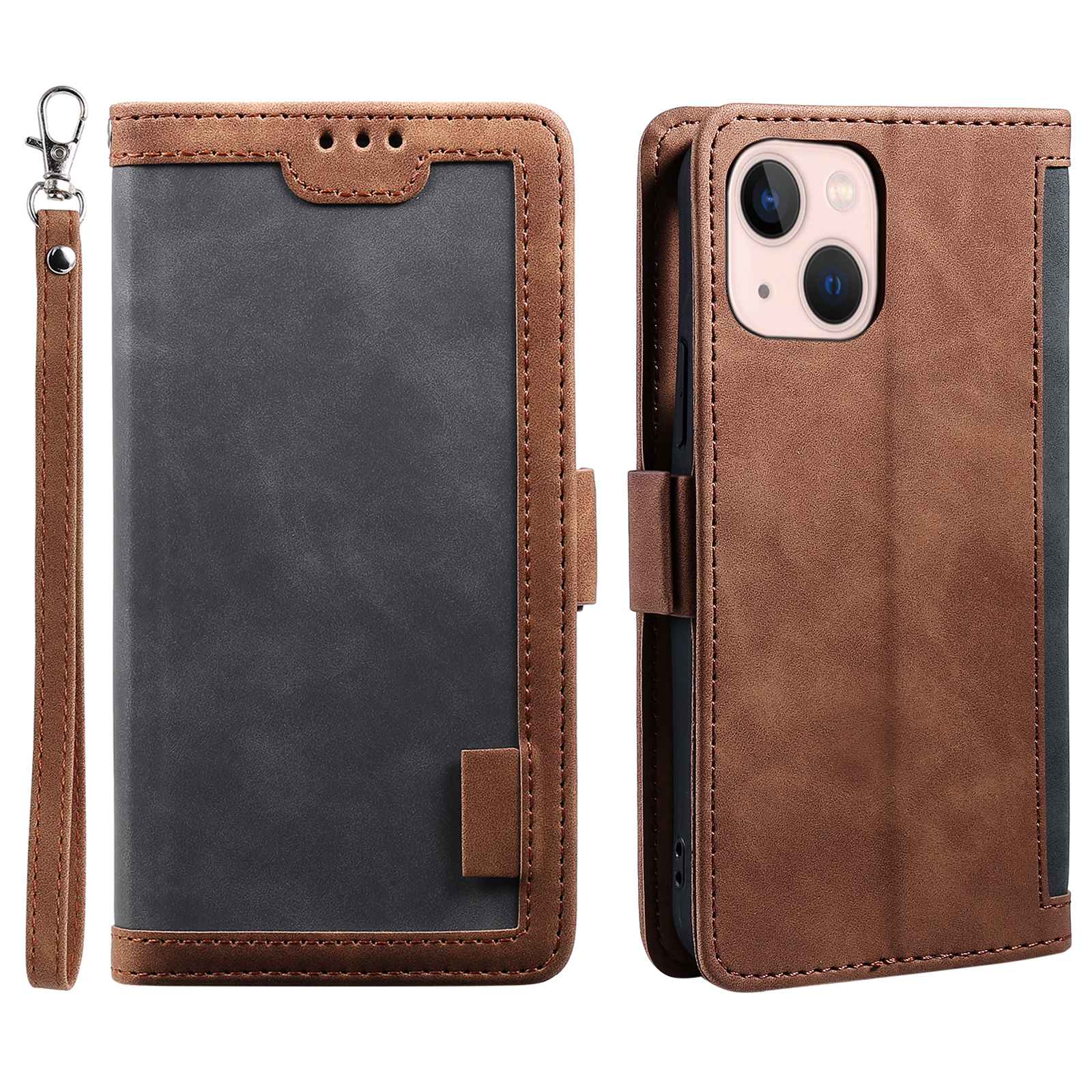 

Für Das Iphone 15 Plus PU Leder Brieftaschenhülle Farbspleißen Retro Flip Ständer Mit Handgelenkriemen - Grau, iPhone 15 Plus