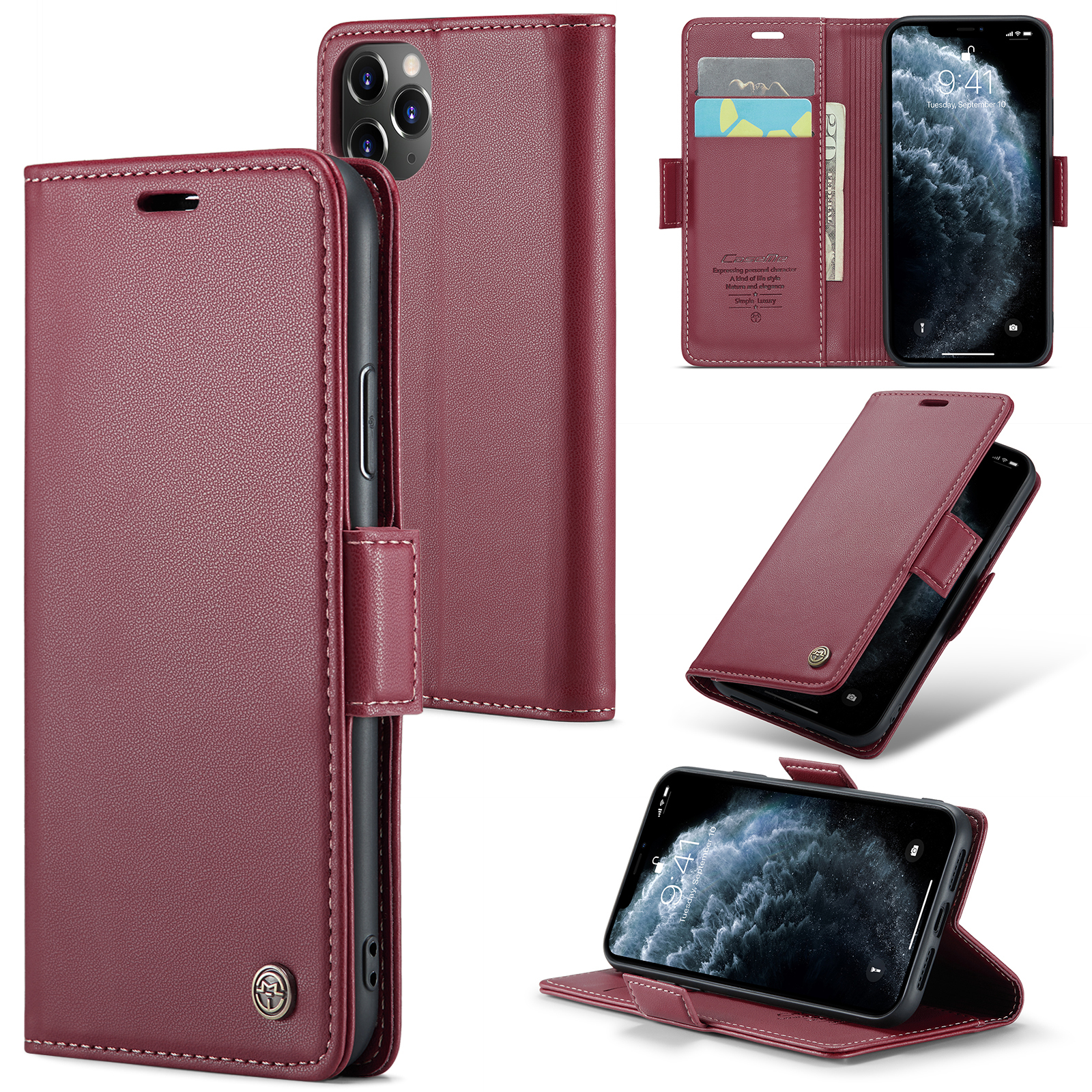 

Caseme 023 Series Stand Leder Telefon Hülle Für Iphone 11 Pro, RFID Blockierende Litchi -textur Brieftasche Cover - Rot, iPhone 11 Pro