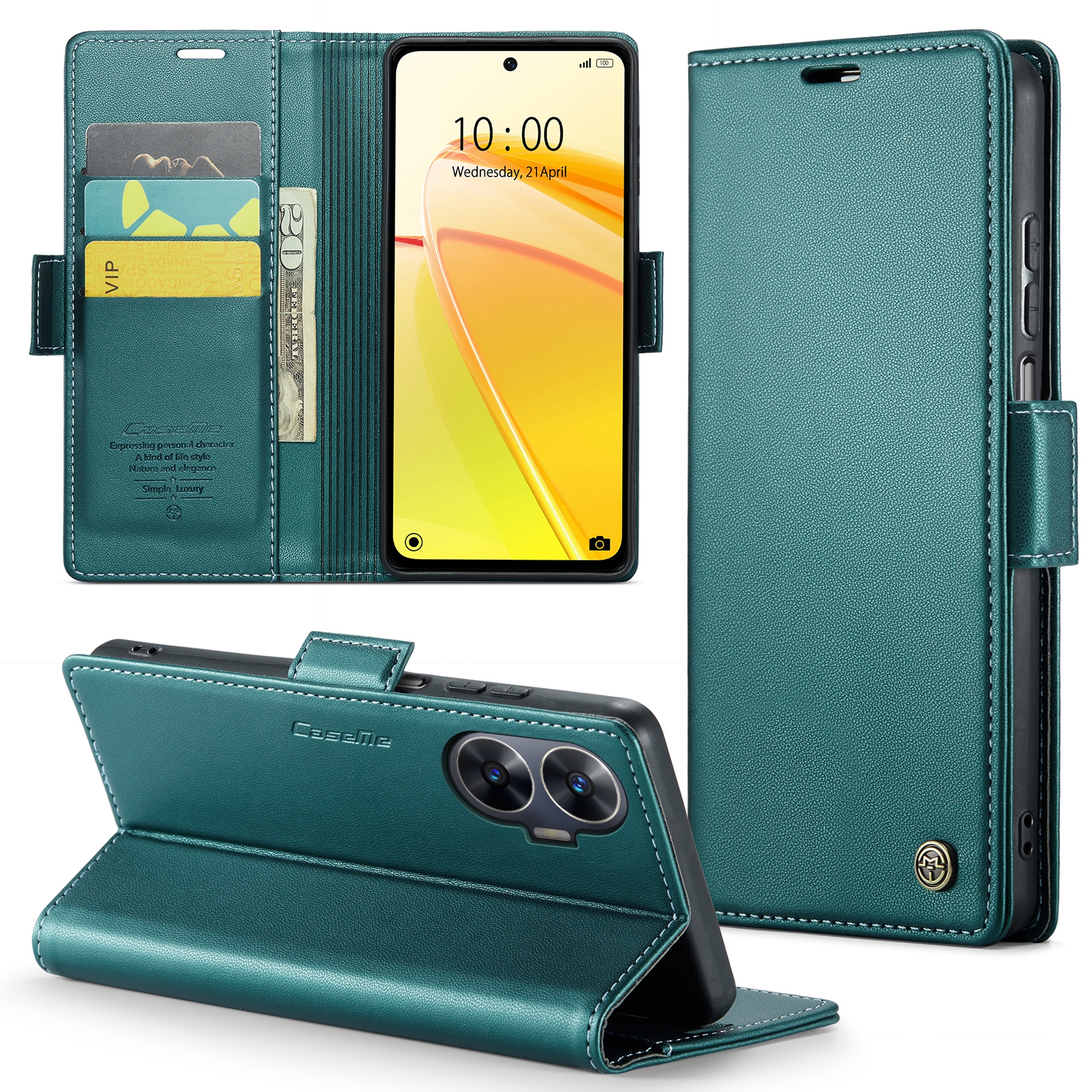 

Caseme 023-serie RFID Blocking Ledertasche Für Realme C55, Brieftaschenstand Anti-drop-telefonabdeckung - Grün, Realme C55