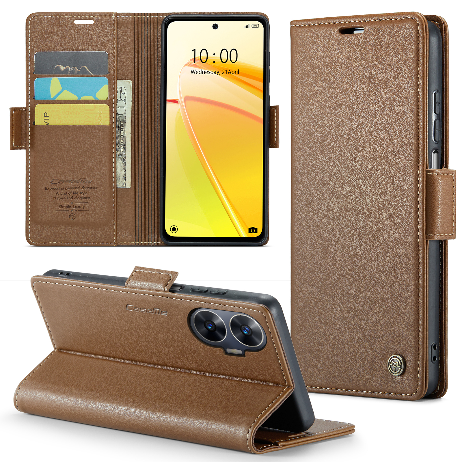 

Caseme 023-serie RFID Blocking Ledertasche Für Realme C55, Brieftaschenstand Anti-drop-telefonabdeckung - Braun, Realme C55