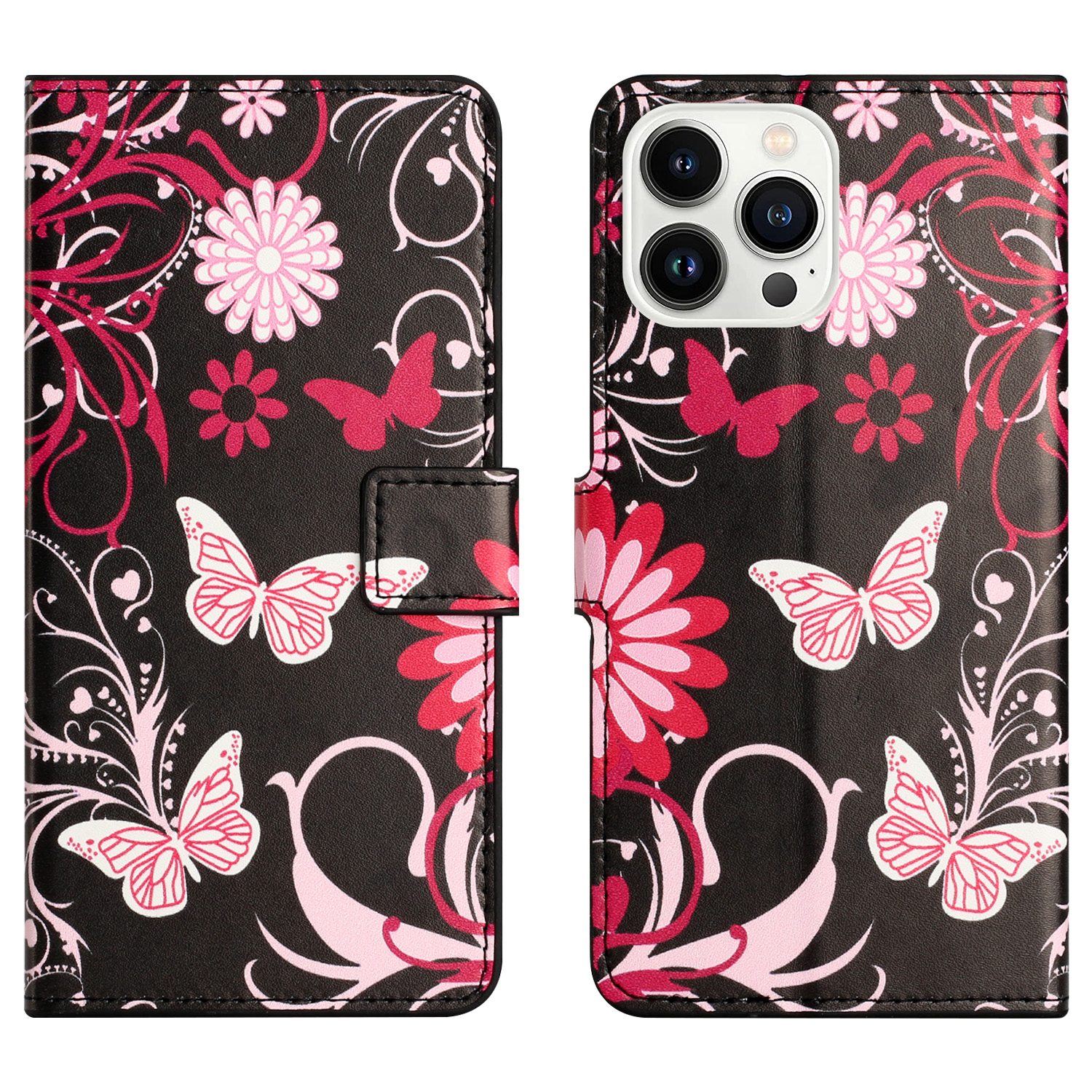 

Für Das Iphone 15 Pro Leather Handy -mobilfunk -muster -druckständer Brieftasche Flip -abdeckung - Schwarz / Schmetterlinge, iPhone 15 Pro