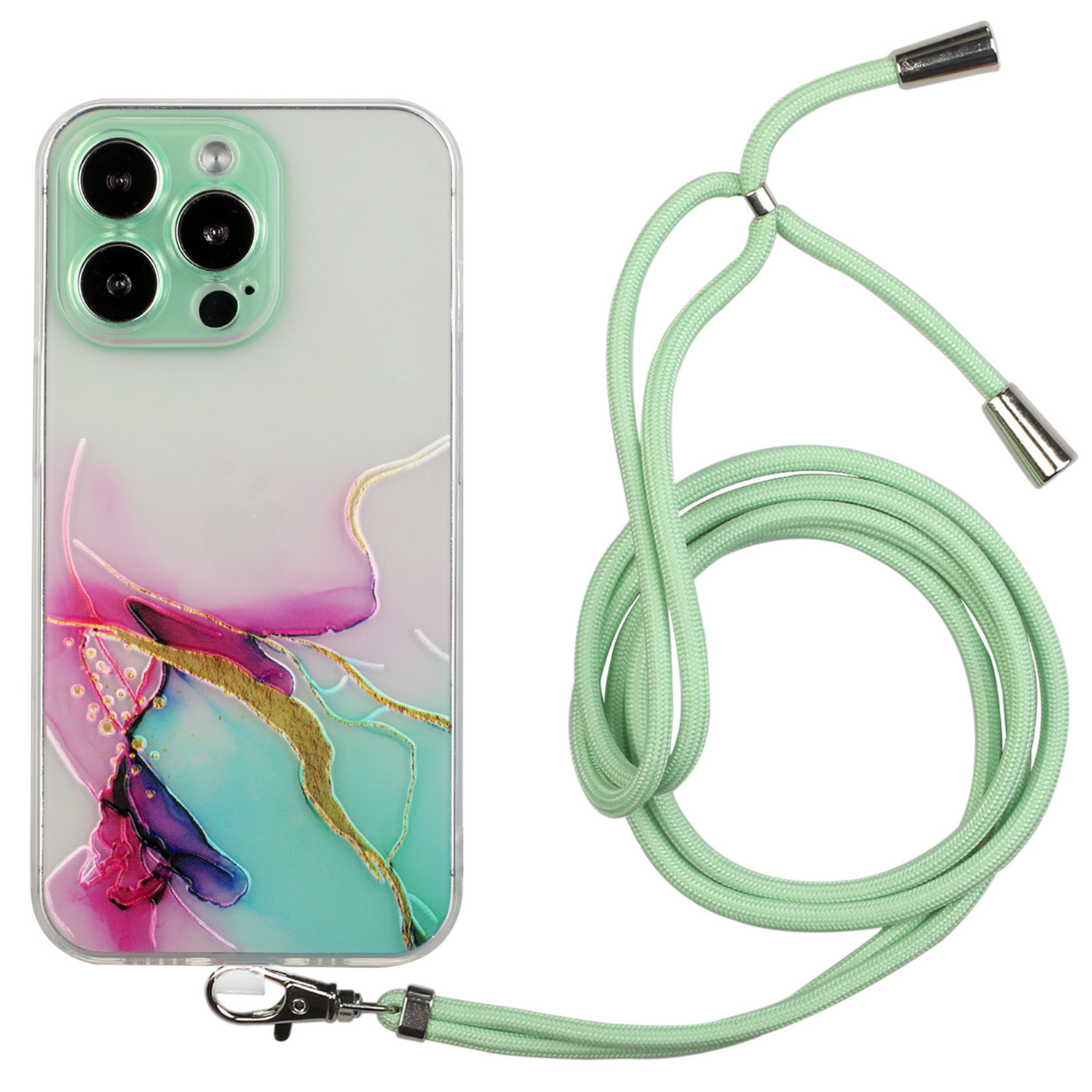

Für Das Iphone 15 Pro Max Soft TPU Phone Case Marmormuster Geprägtes Anti-kratzer-telefonabdeckung Mit Lanyard - Grün, iPhone 15 Pro Max
