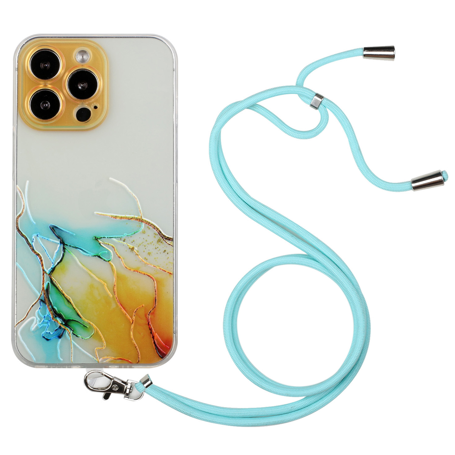 

Für Das Iphone 15 Pro Max Soft TPU Phone Case Marmormuster Geprägtes Anti-kratzer-telefonabdeckung Mit Lanyard - Gelb, iPhone 15 Pro Max