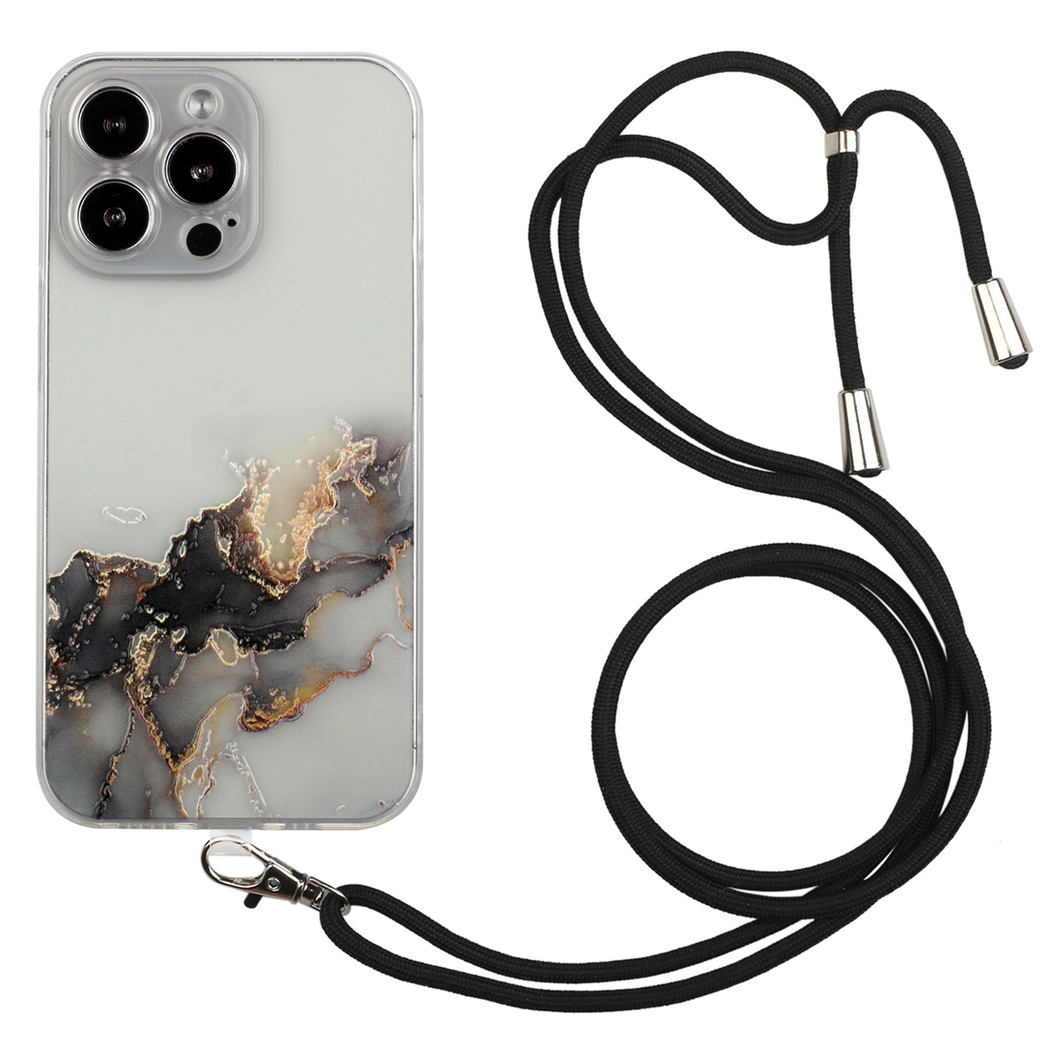 

Für Das Iphone 15 Pro Max Soft TPU Phone Case Marmormuster Geprägtes Anti-kratzer-telefonabdeckung Mit Lanyard - Schwarz, iPhone 15 Pro Max