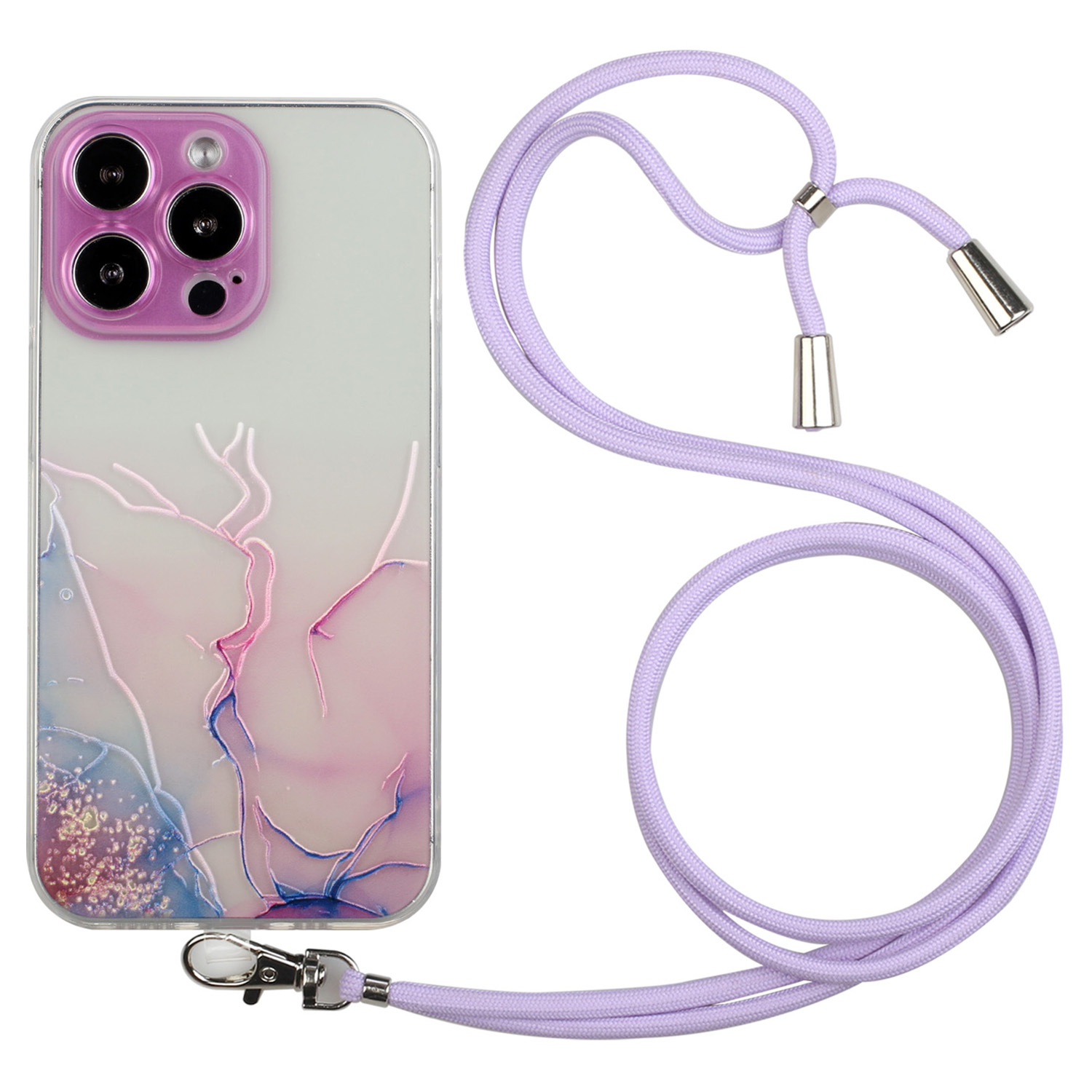 

Für Das Iphone 15 Pro Max Soft TPU Phone Case Marmormuster Geprägtes Anti-kratzer-telefonabdeckung Mit Lanyard - Rosa, iPhone 15 Pro Max