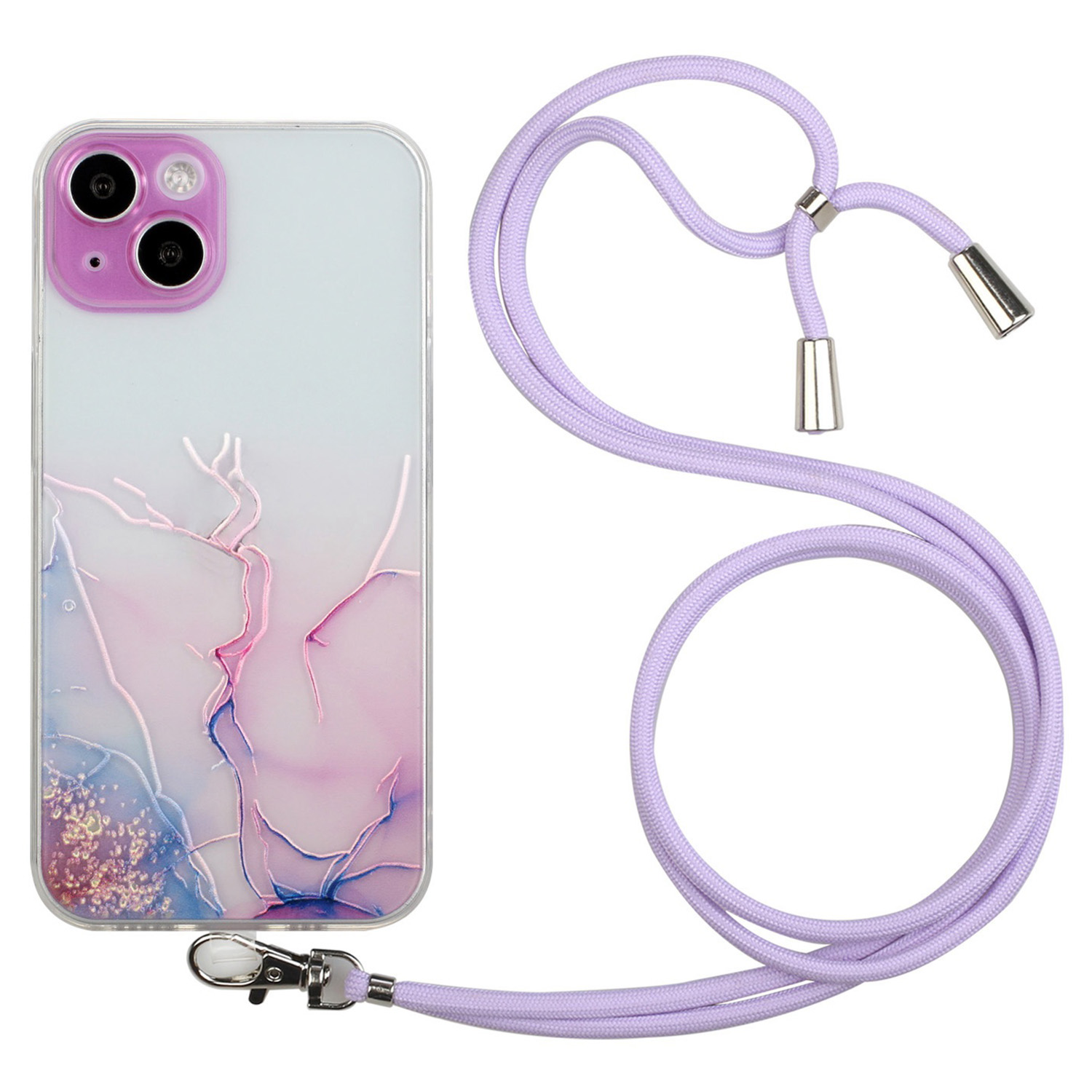 

Soft Tpu-telefonhülle Für Iphone 15 Marmormuster Geprägtes Anti-kratzer-telefonabdeckung Mit Lanyard - Rosa, iPhone 15