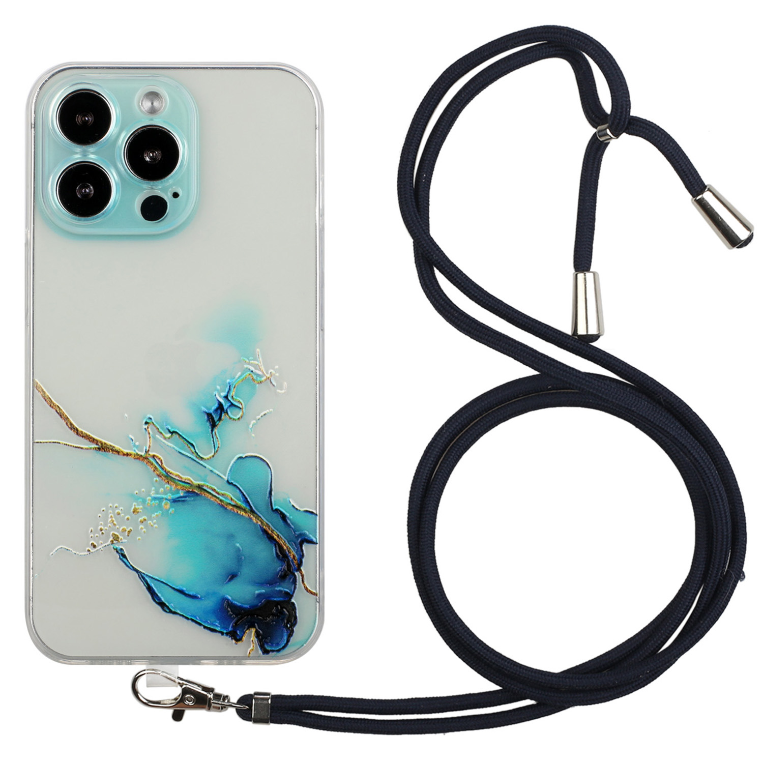 

Für Das Iphone 15 Pro Marmor Muster Geprägtes Telefon Hülle Flexible TPU -rückdecke Mit Lanyard - Blau, iPhone 15 Pro