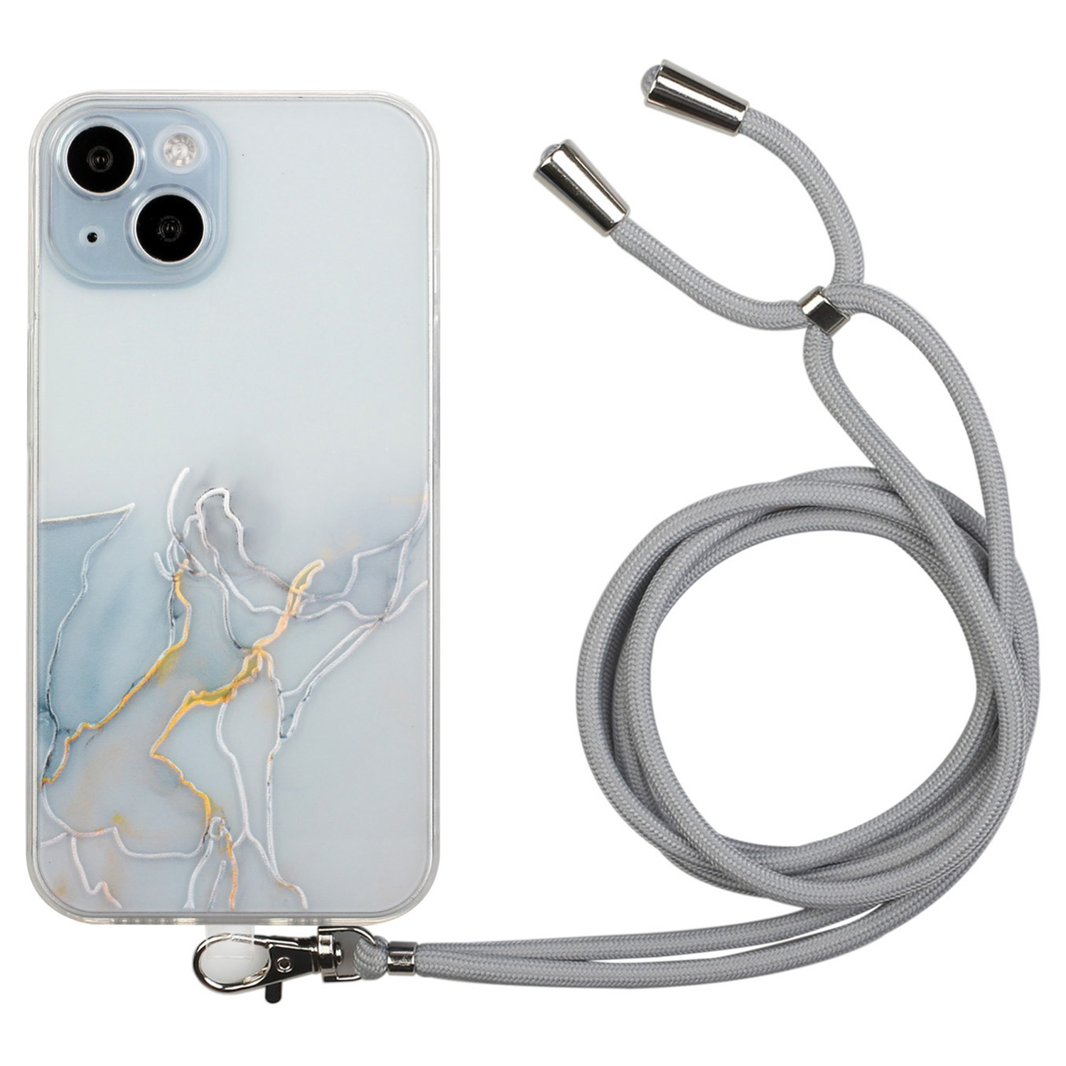 

Für Das Iphone 15 Plus Marmormuster Geprägtes Telefongehäuse Anti-Drop Soft Tpu-telefonabdeckung Mit Lanyard - Grau, iPhone 15 Plus