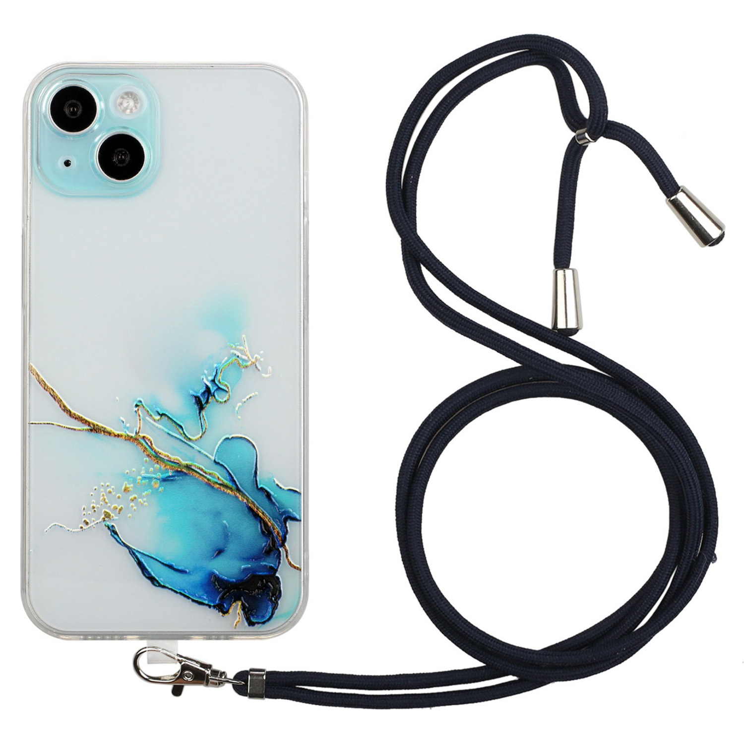 

Für Das Iphone 15 Plus Marmormuster Geprägtes Telefongehäuse Anti-Drop Soft Tpu-telefonabdeckung Mit Lanyard - Blau, iPhone 15 Plus