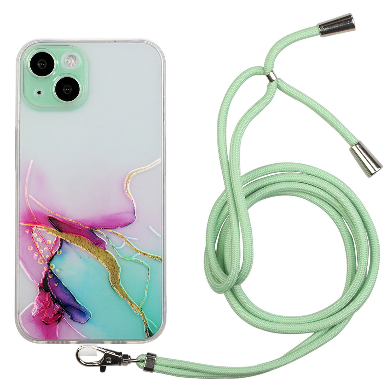 

Für Das Iphone 15 Plus Marmormuster Geprägtes Telefongehäuse Anti-Drop Soft Tpu-telefonabdeckung Mit Lanyard - Grün, iPhone 15 Plus