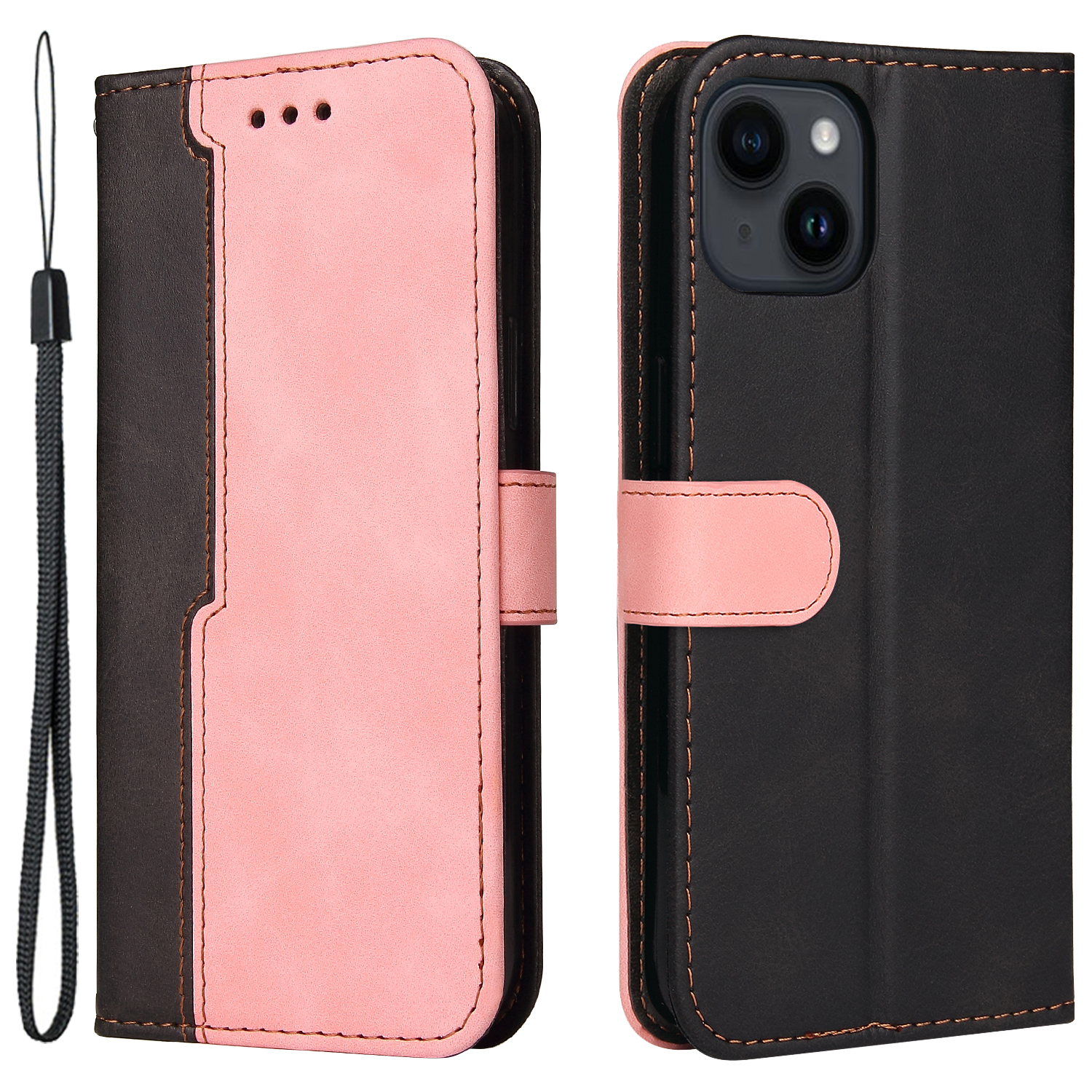 

Telefon Brieftaschenabdeckung Für Iphone 15 Business Style PU Leder Dual-color-spleißen Flip Ständer Anti-drop-hülle - Rosa, iPhone 15