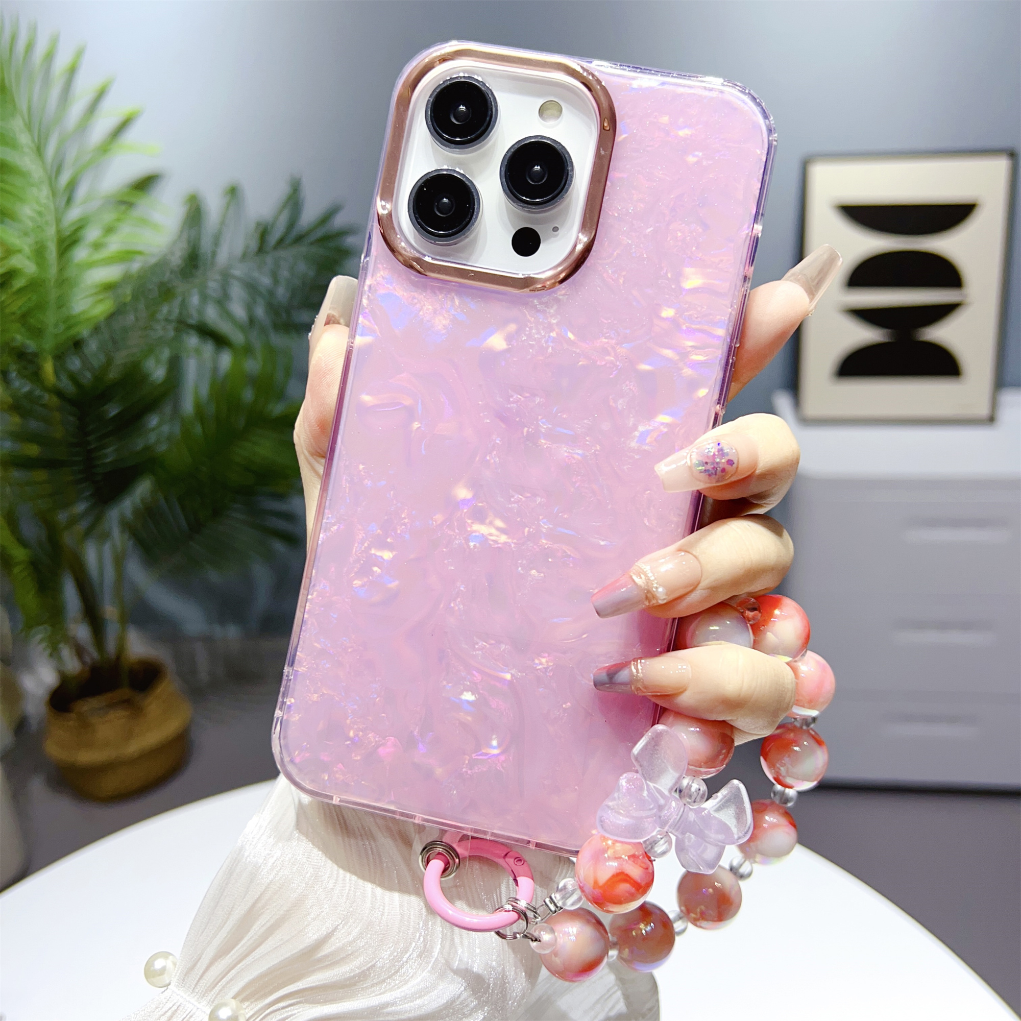 

Für Das Iphone 12 Pro Max 6,7 Zoll TPU+PC IMD -telefonabdeckungsschalenmuster Zurück Mit Perlenhandkette - Hell-pink, iPhone 12 Pro Max