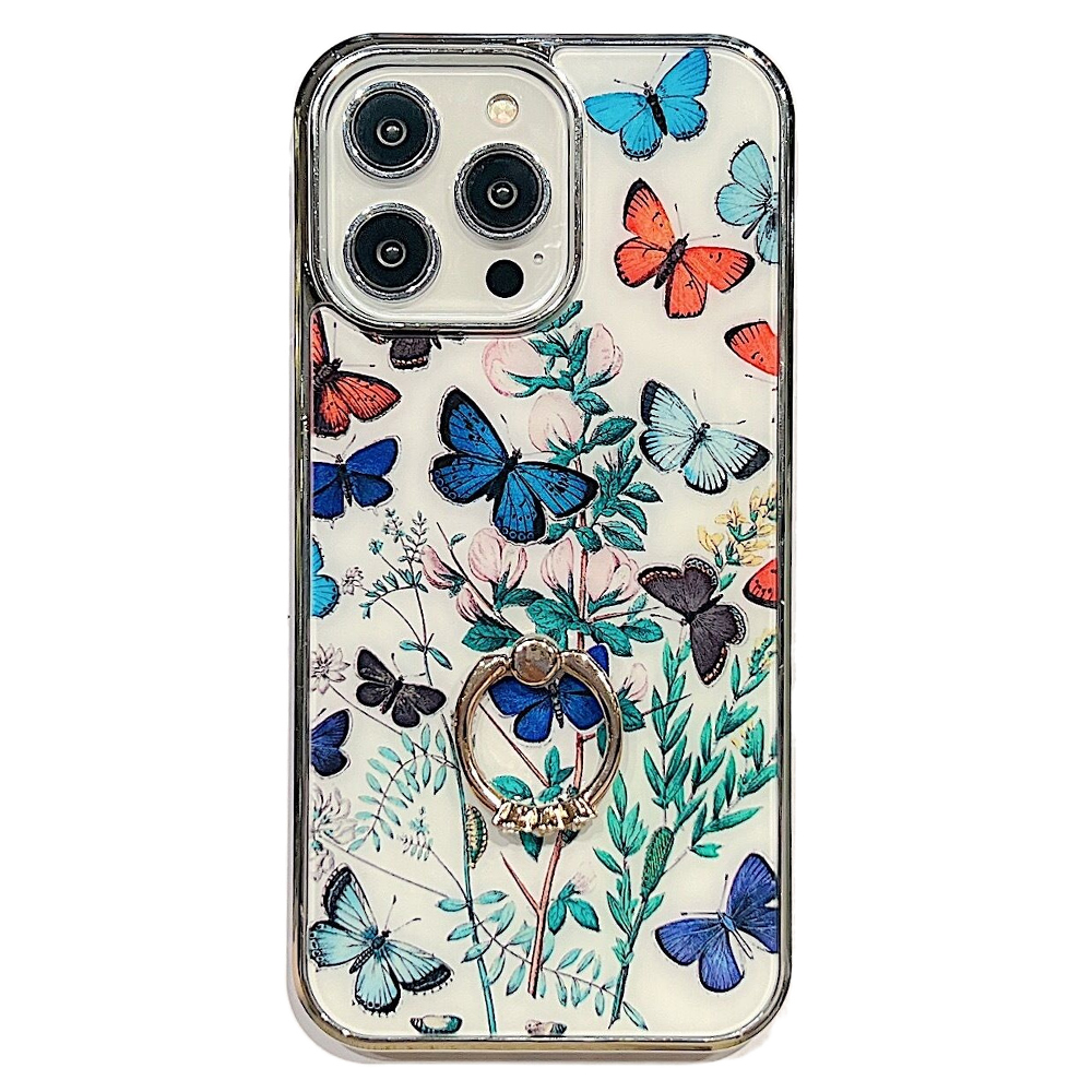 

IMD Blumenmuster Telefonhülle Für Iphone 13 Pro Max 6,7 Zoll Ring Kickstand Elektroplatten PC+TPU -abdeckung - Stil C, iPhone 13 Pro Max