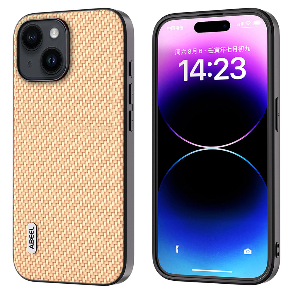 

ABEEL Carbonfaser Texture Phone Hülle Für Iphone 15, PU -leder -pc+tpu -telefonabdeckung - Hellgelb, iPhone 15