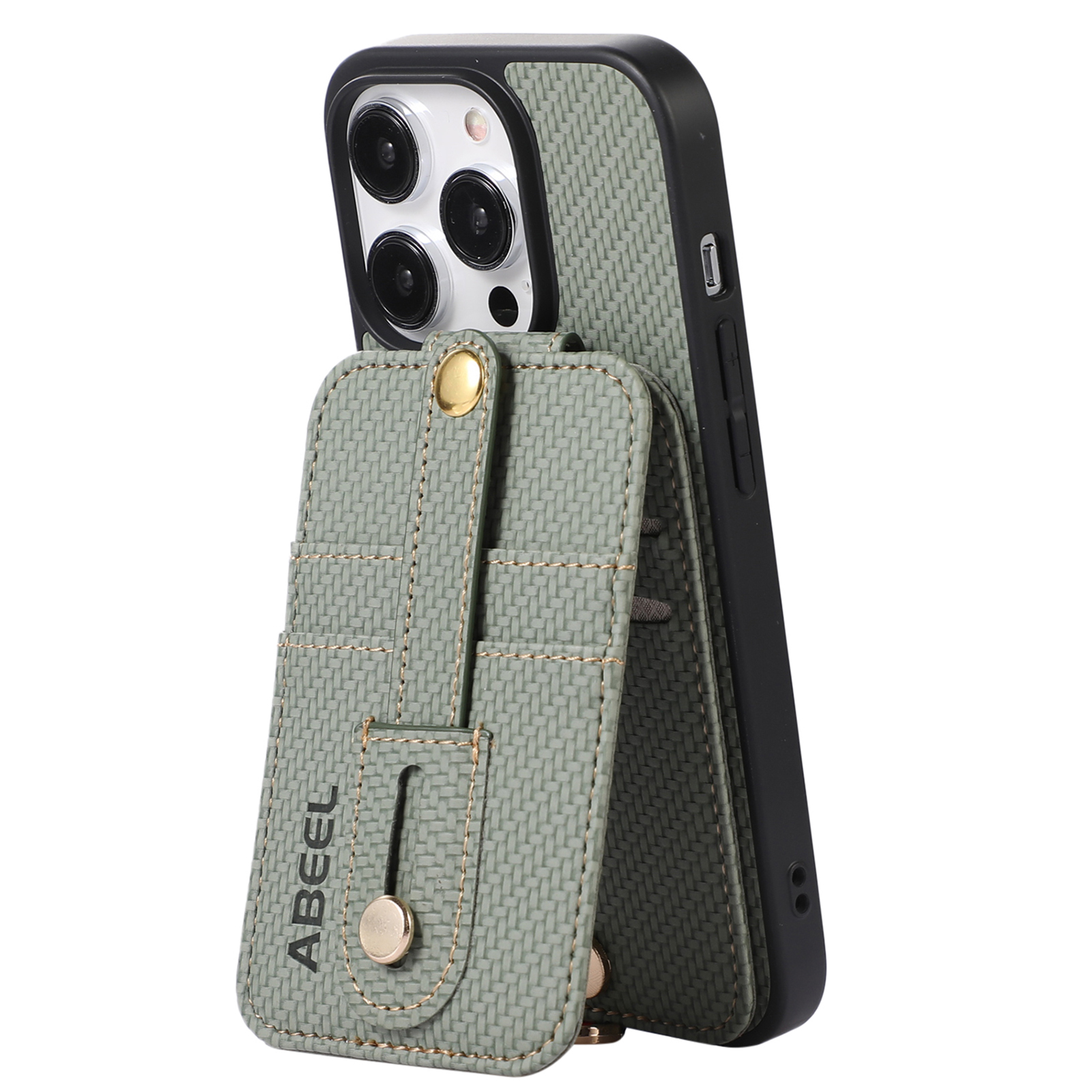 

ABEEL Style 02 PU Leder+tpu -telefonhülle Für Iphone 15 Pro Max, RFID -blockierkartenhalter Kohlefaser Textur Kickstand Cover - Grün, iPhone 15 Pro Max