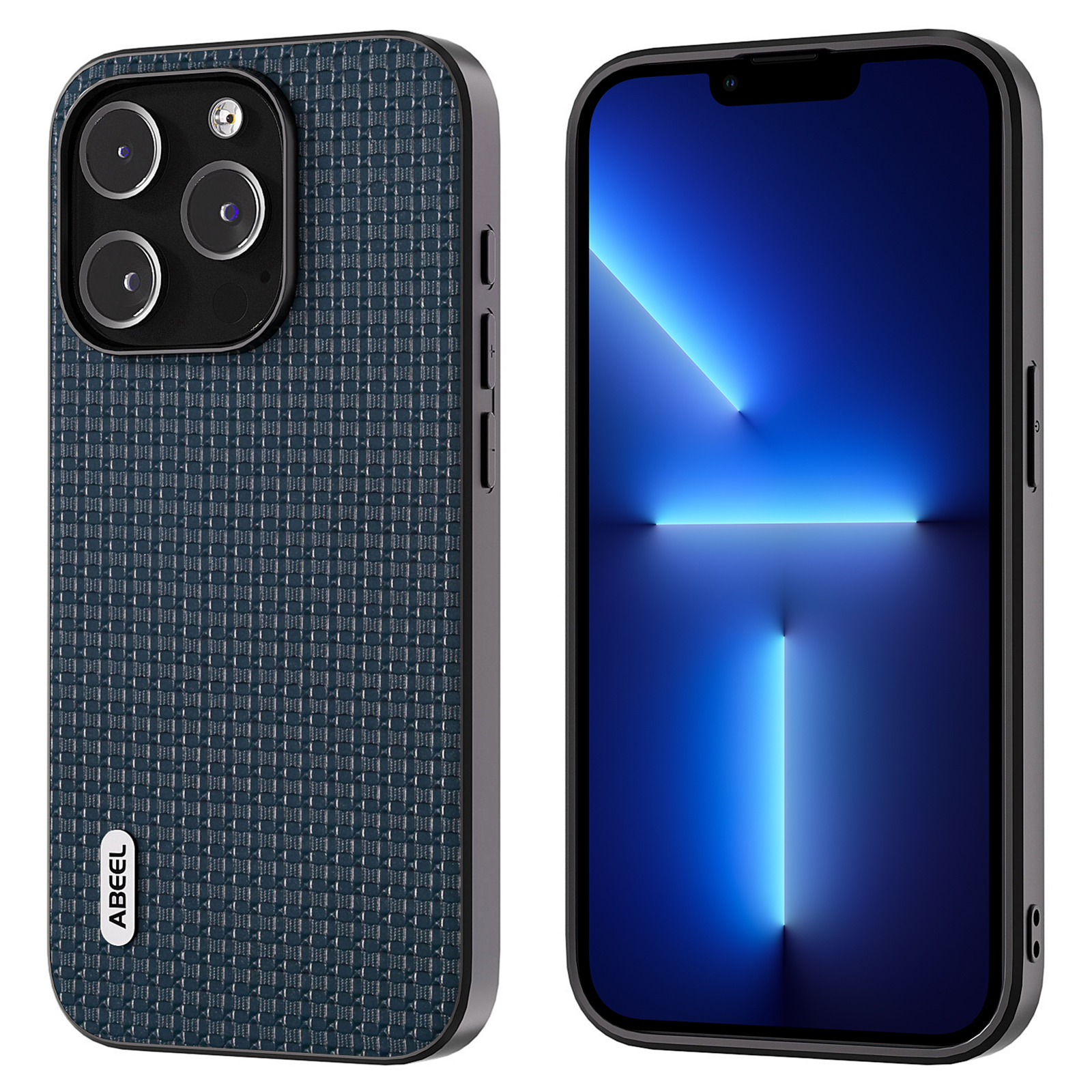 

Abeel Für Iphone 13 Pro Max Protective Shell Cowhide Leder Beschichtete PC+TPU Luxury Textured Phone Hülle - Blau, iPhone 13 Pro Max