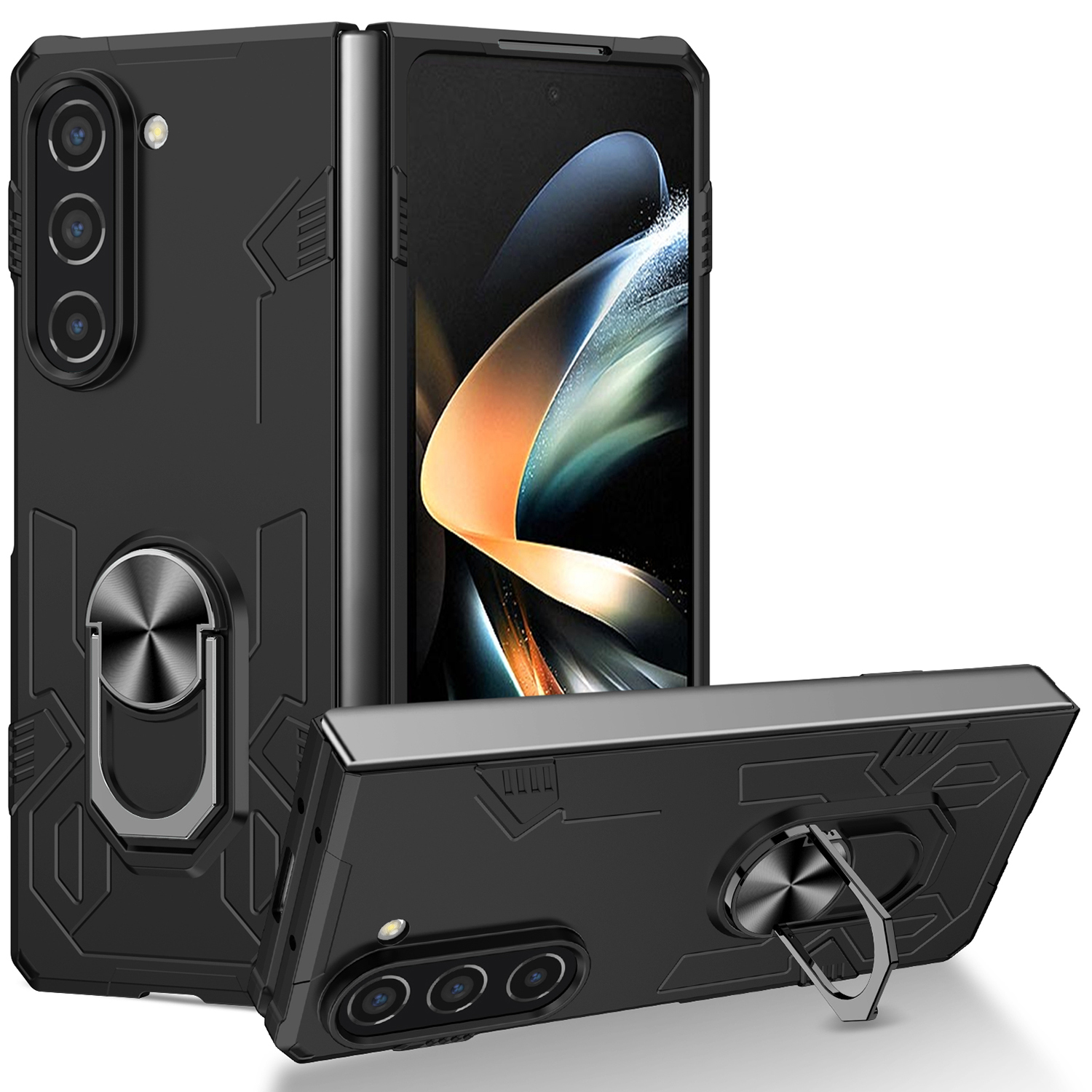 

Für Samsung Galaxy Z Fold5 5G Ring Kickstand Phone Hülle Hartpc Anti-drogenabdeckungsunterstützung Magnetic Car Mount - Schwarz, Galaxy Z Fold5 5G