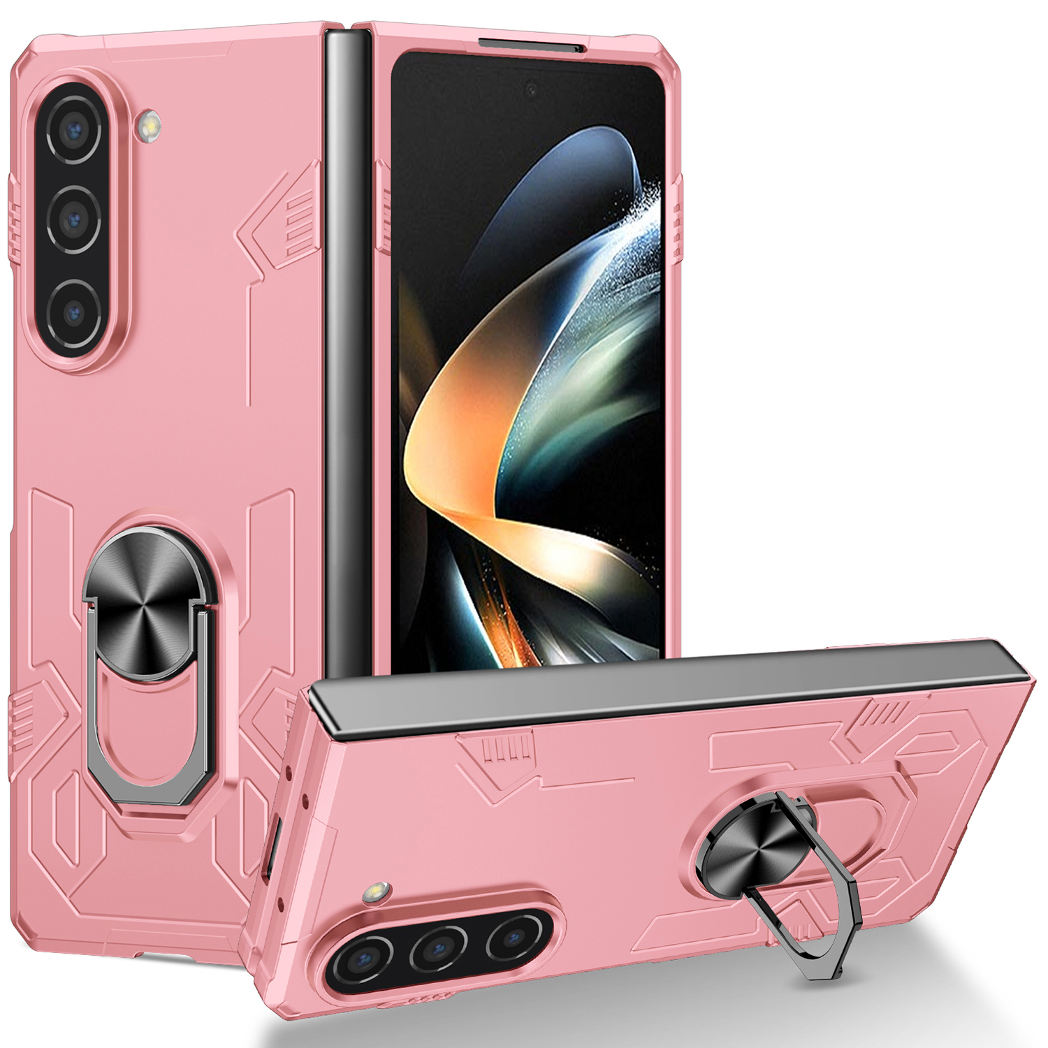 

Für Samsung Galaxy Z Fold5 5G Ring Kickstand Phone Hülle Hartpc Anti-drogenabdeckungsunterstützung Magnetic Car Mount - Rosa, Galaxy Z Fold5 5G