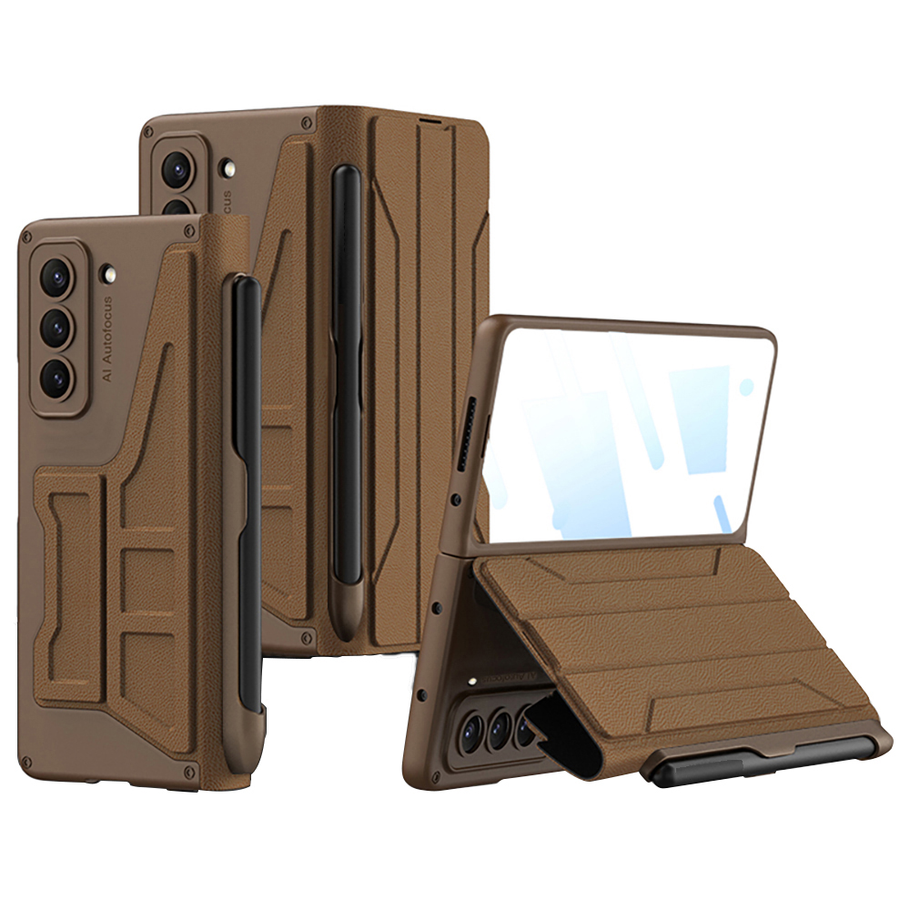 

GKK Für Samsung Galaxy Z Fold5 5G Telefonhülle PU Leder+pc -standabdeckung Mit Stiftschlitz Und Temperaturglasfilm - Braun, Galaxy Z Fold5 5G