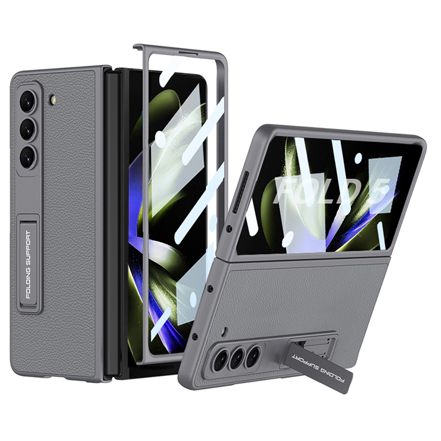 

GKK Für Samsung Galaxy Z Fold5 5G Elektroplatte Telefonhülle Hartes PC PU Leder -kickstand Telefonabdeckung Mit Temperaturem Glafilm - Grau, Galaxy Z Fold5 5G