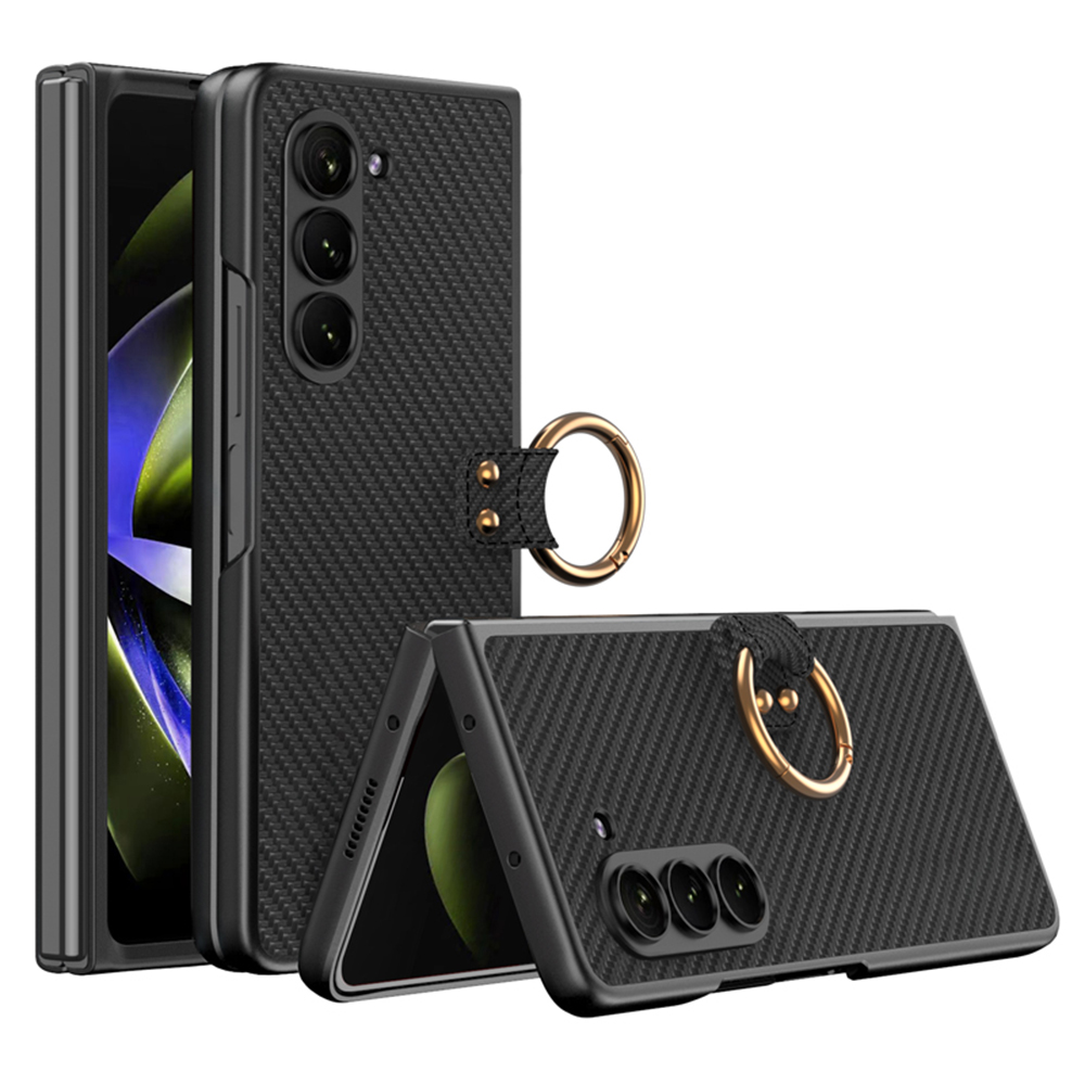 

GKK Für Samsung Galaxy Z Fold5 5G PU Leder + PC Phone Hülle Ringhalter Kickstand Cover - Kohlefasertextur, Galaxy Z Fold5 5G