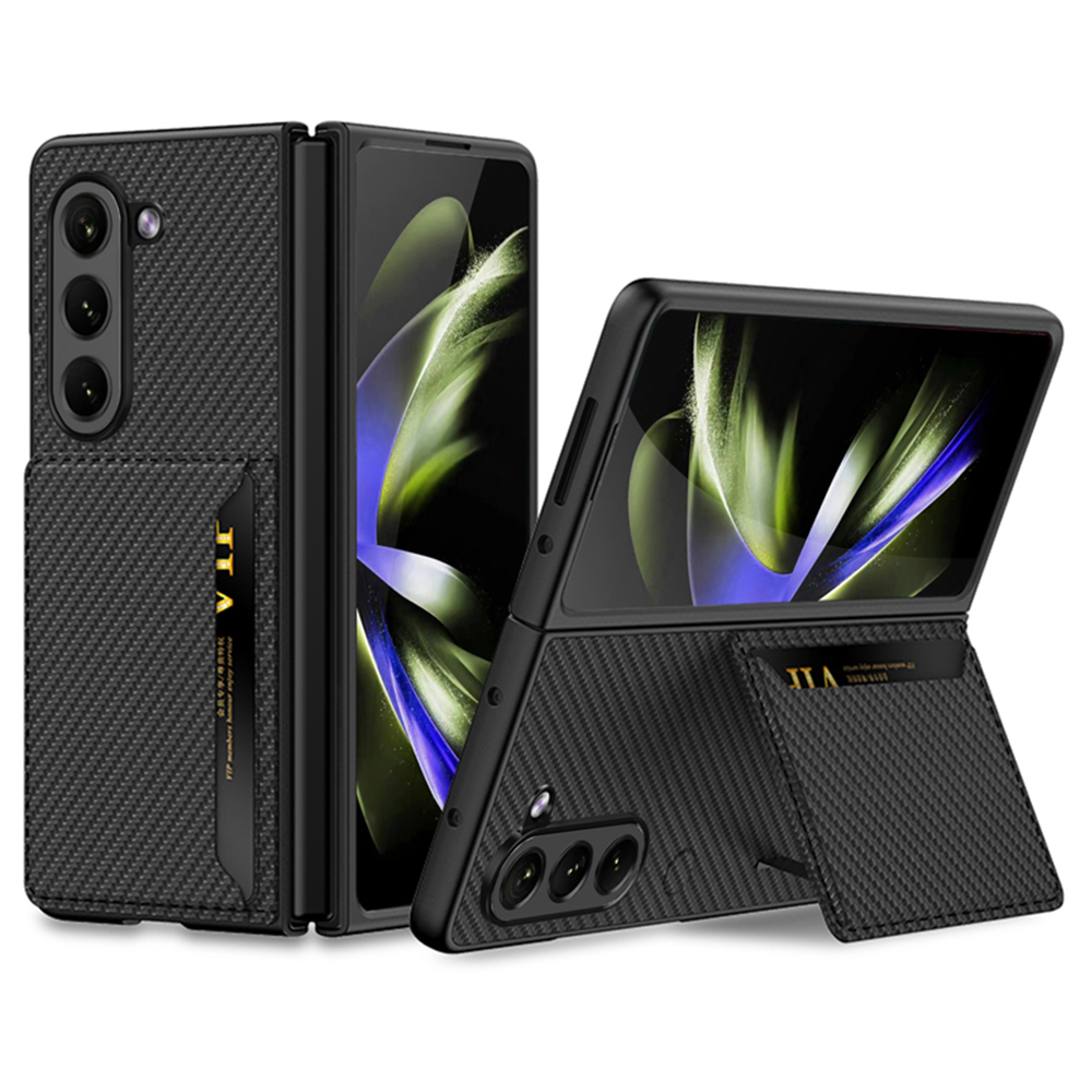 

GKK Für Samsung Galaxy Z Fold5 5G PU Leder + PC Phone Hülle Kartenhalter Kickstand Ultra-dünner Abdeckung - Kohlefasertextur, Galaxy Z Fold5 5G
