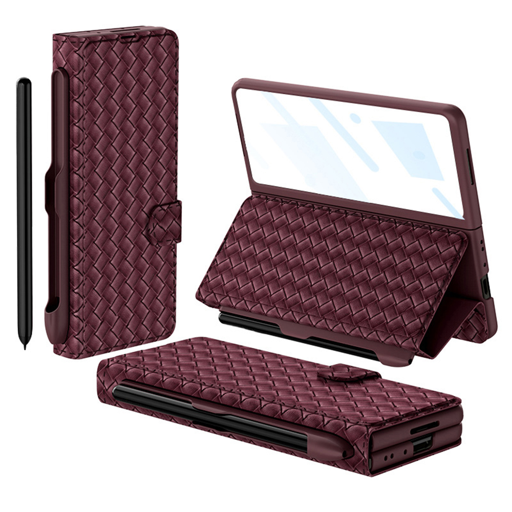 

GKK Für Samsung Galaxy Z Fold4 5G PU Leder Telefonhülle Gewebte Texturständer Cover Mit Stiftschlitz / Temperierte Glasfilm - Weinrot, Galaxy Z Fold4 5G